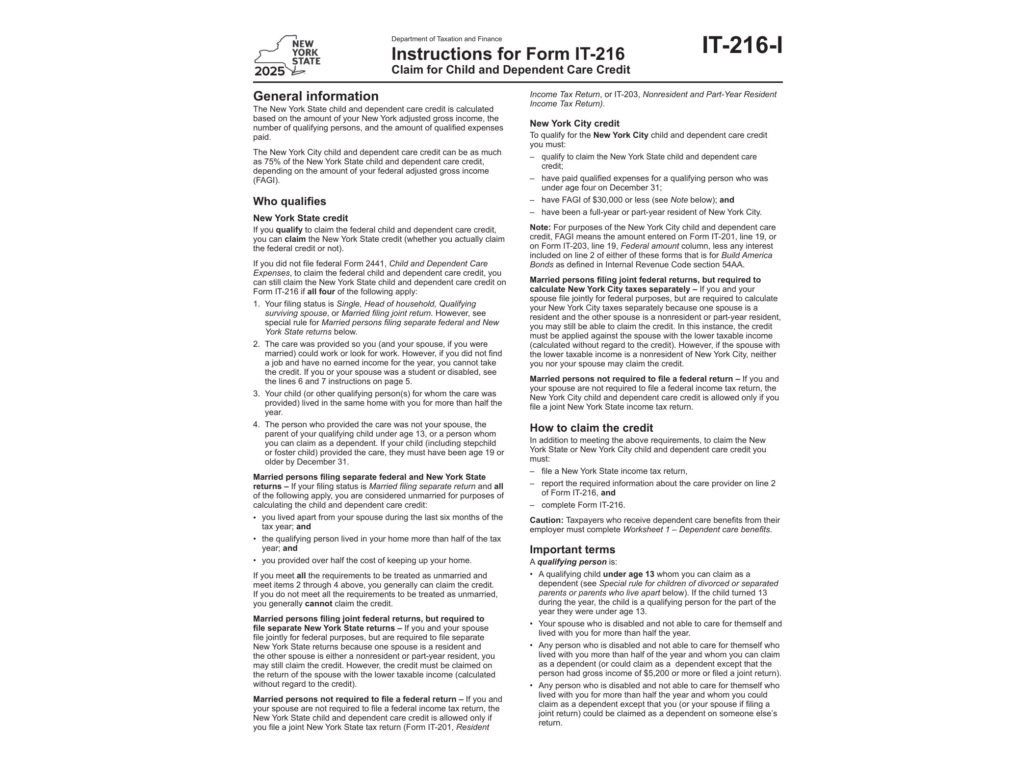 IT216I Instructions for Form IT-216 Claim for Child and Dependent Care Credit Tax Year 2025 - official form preview, page 1