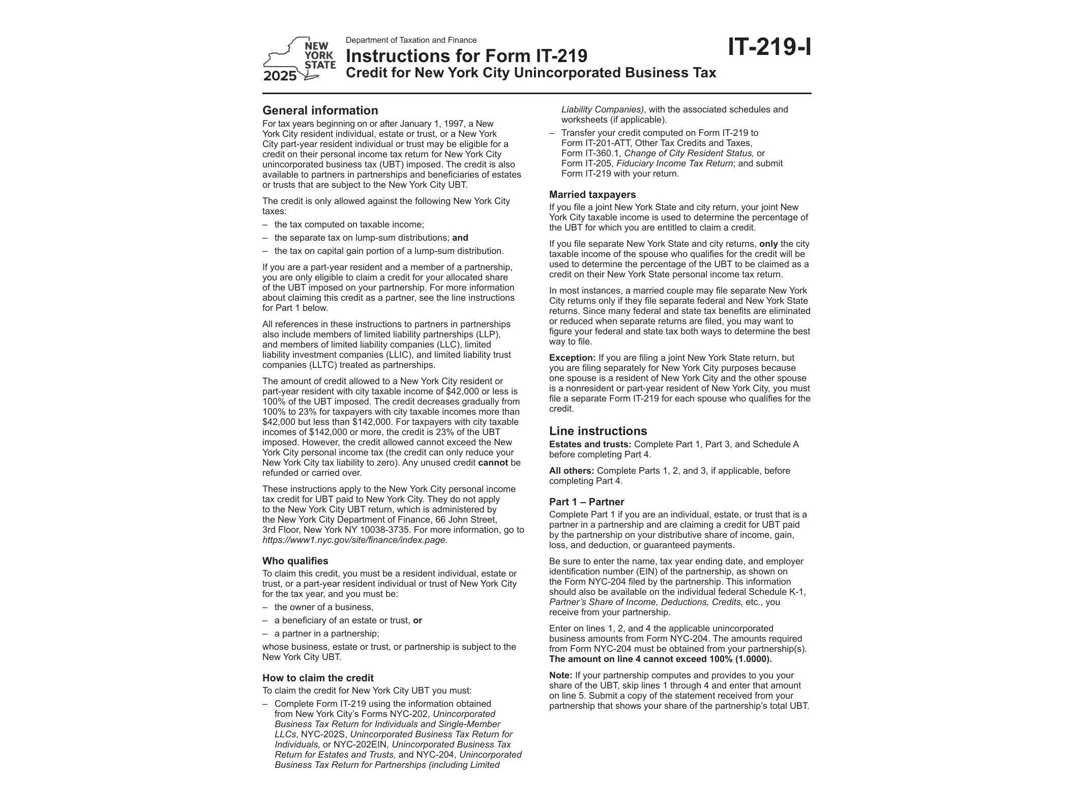 IT219I Instructions for Form IT-219 Credit for New York City Unincorporated Business Tax Tax Year 2025 - official form preview, page 1