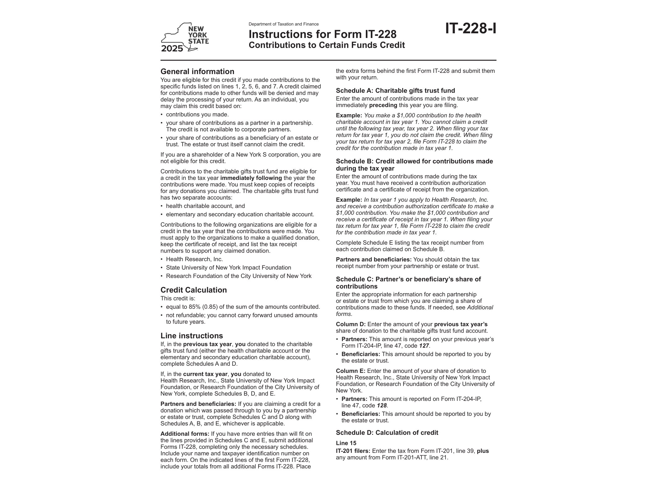 IT228I Instructions for Form IT-228 Contributions to Certain Funds Credit Tax Year 2025 - official form preview, page 1