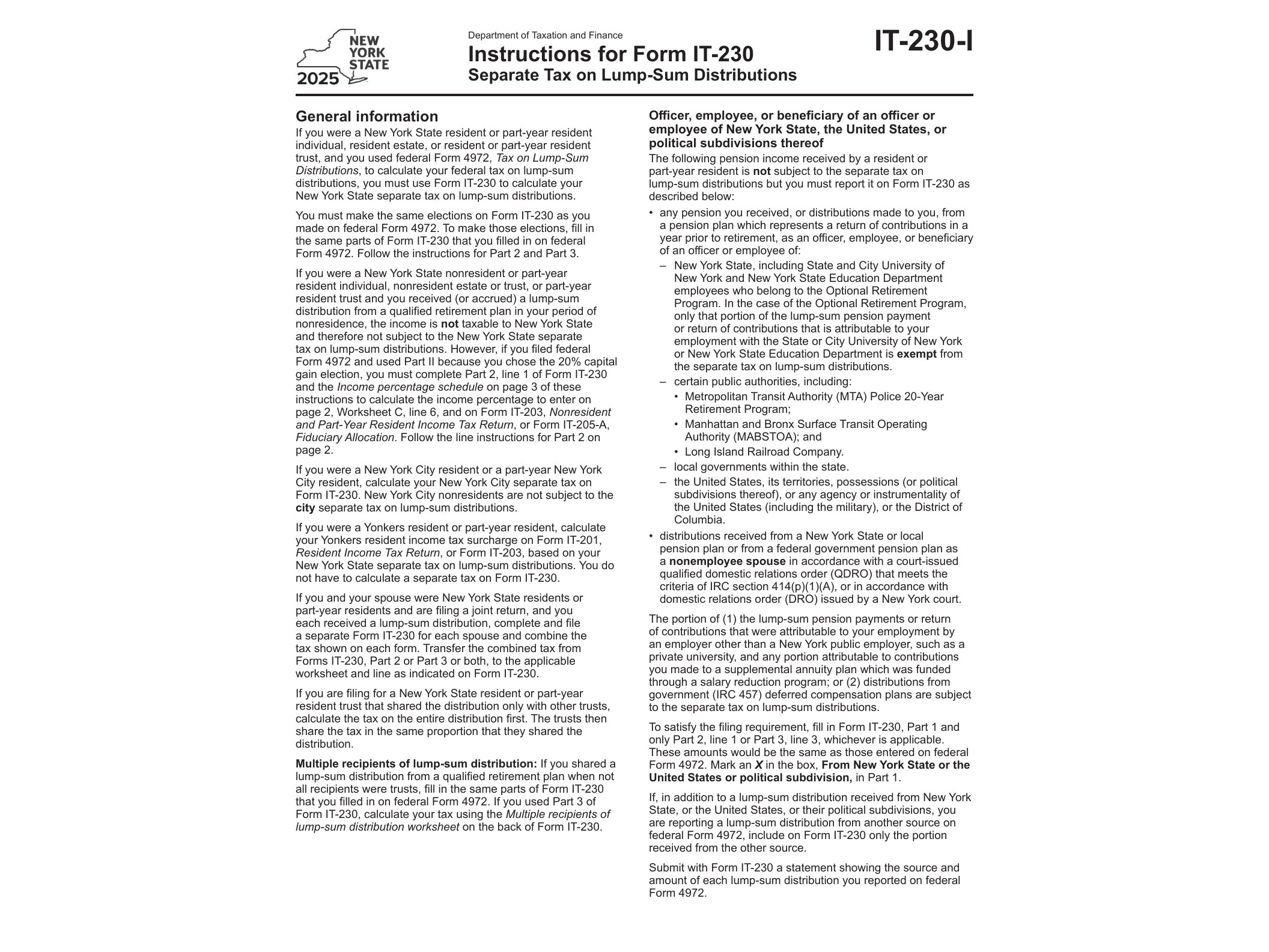 IT230I Instructions for Form IT-230 Separate Tax on Lump-Sum Distributions Tax Year 2025 - official form preview, page 1