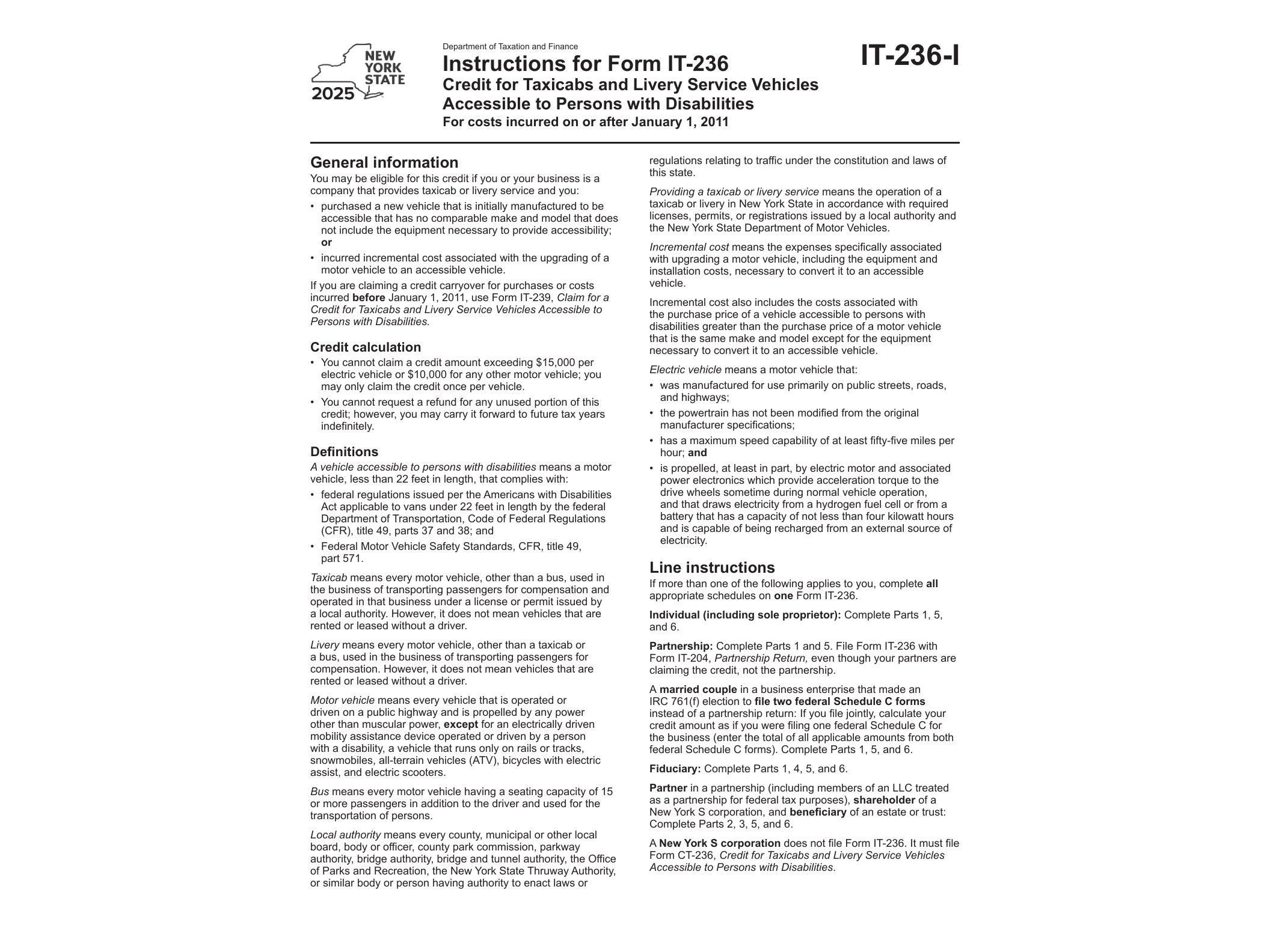 IT236I Instructions for Form IT-236 Credit for Taxicabs and Livery Service Vehicles Accessible to Persons with Disabilities Tax Year 2025 - official form preview, page 1