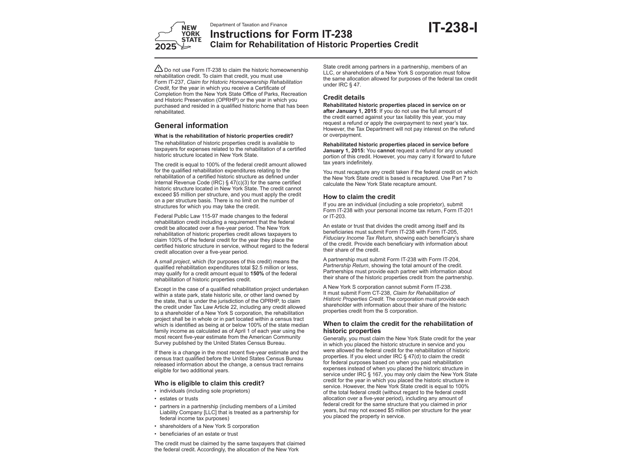 IT238I Instructions for Form IT-238 Claim for Rehabilitation of Historic Properties Credit Tax Year 2025 - official form preview, page 1