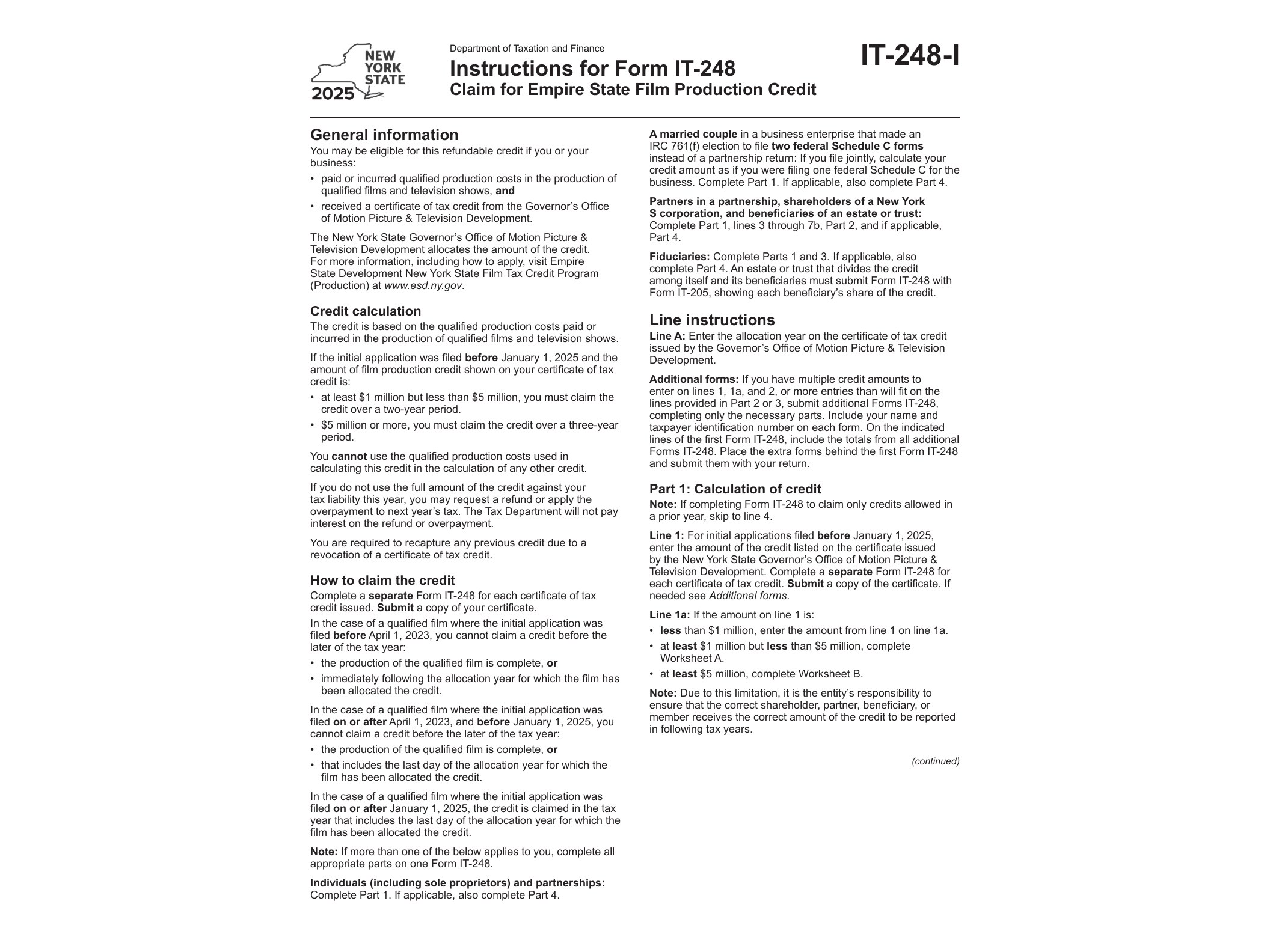 IT248I Instructions for Form IT-248 Claim for Empire State Film Production Credit Tax Year 2025 - official form preview, page 1