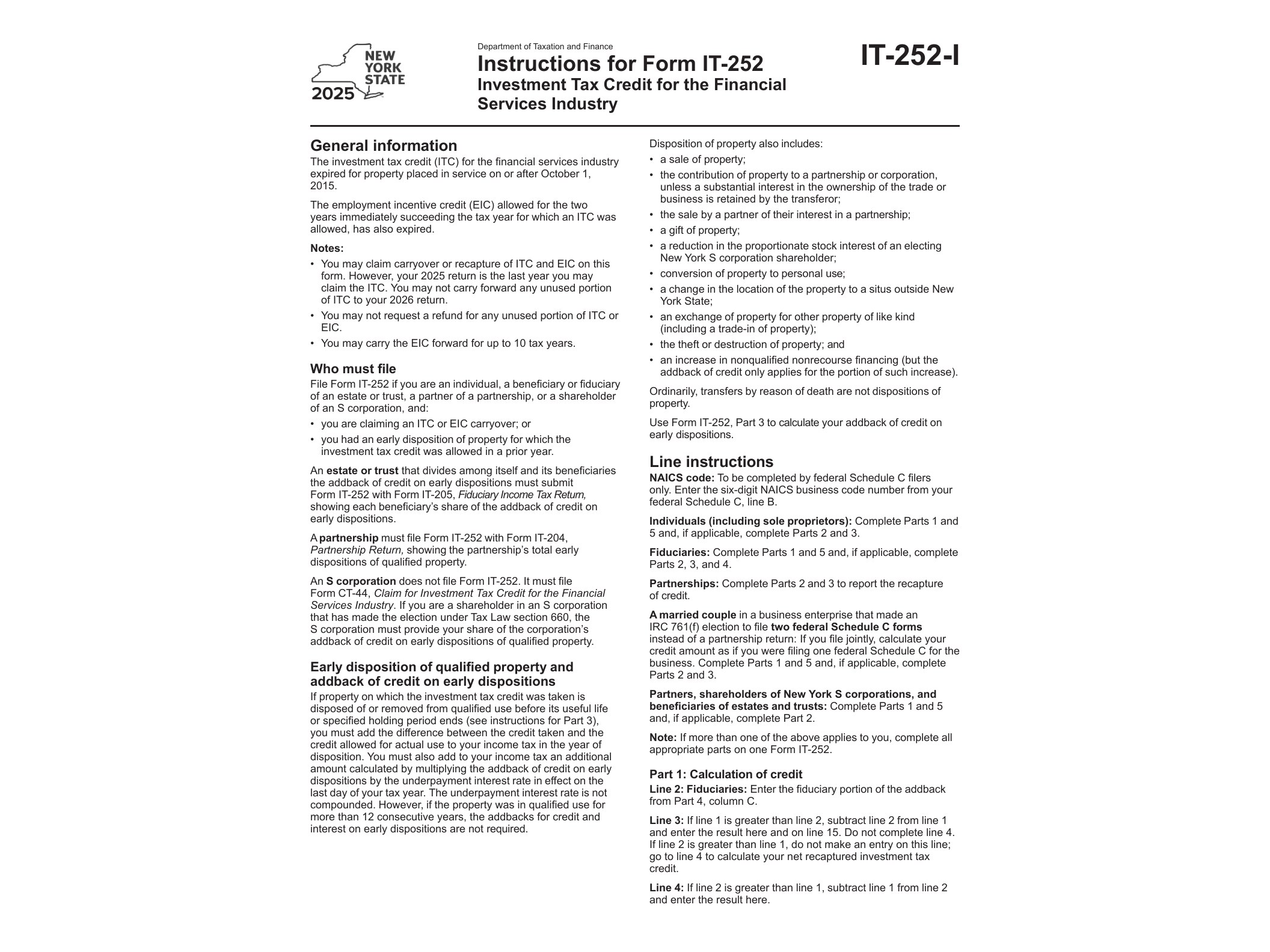 IT252I Instructions for Form IT-252 Investment Tax Credit for the Financial Services Industry Tax Year 2025 - official form preview, page 1