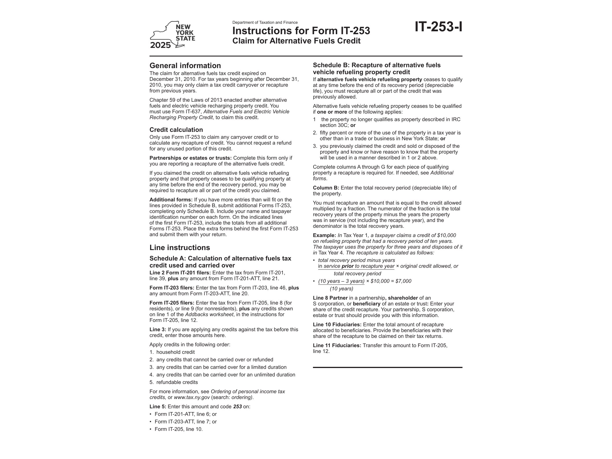 IT253I Instructions for Form IT-253 Claim for Alternative Fuels Credit Tax Year 2025 - official form preview, page 1