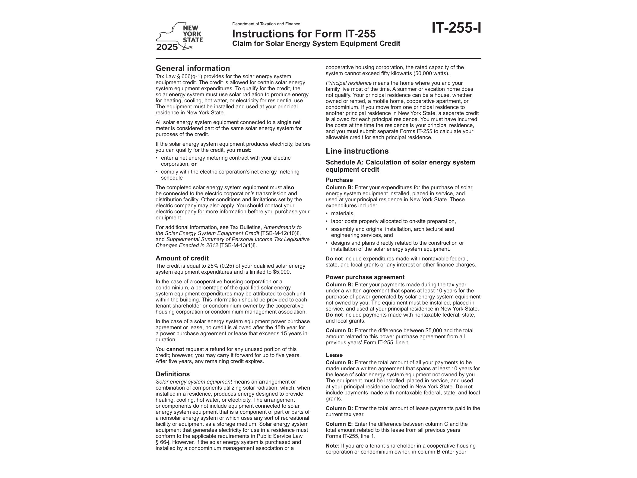 IT255I Instructions for Form IT-225 New York State Modifications Tax Year 2025 - official form preview, page 1