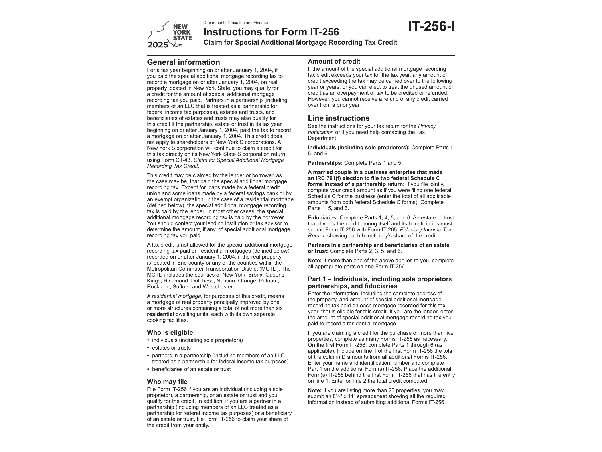 IT256I Instructions for Form IT-256 Claim for Special Additional Mortgage Recording Tax Credit Tax Year 2025 - official form preview, page 1