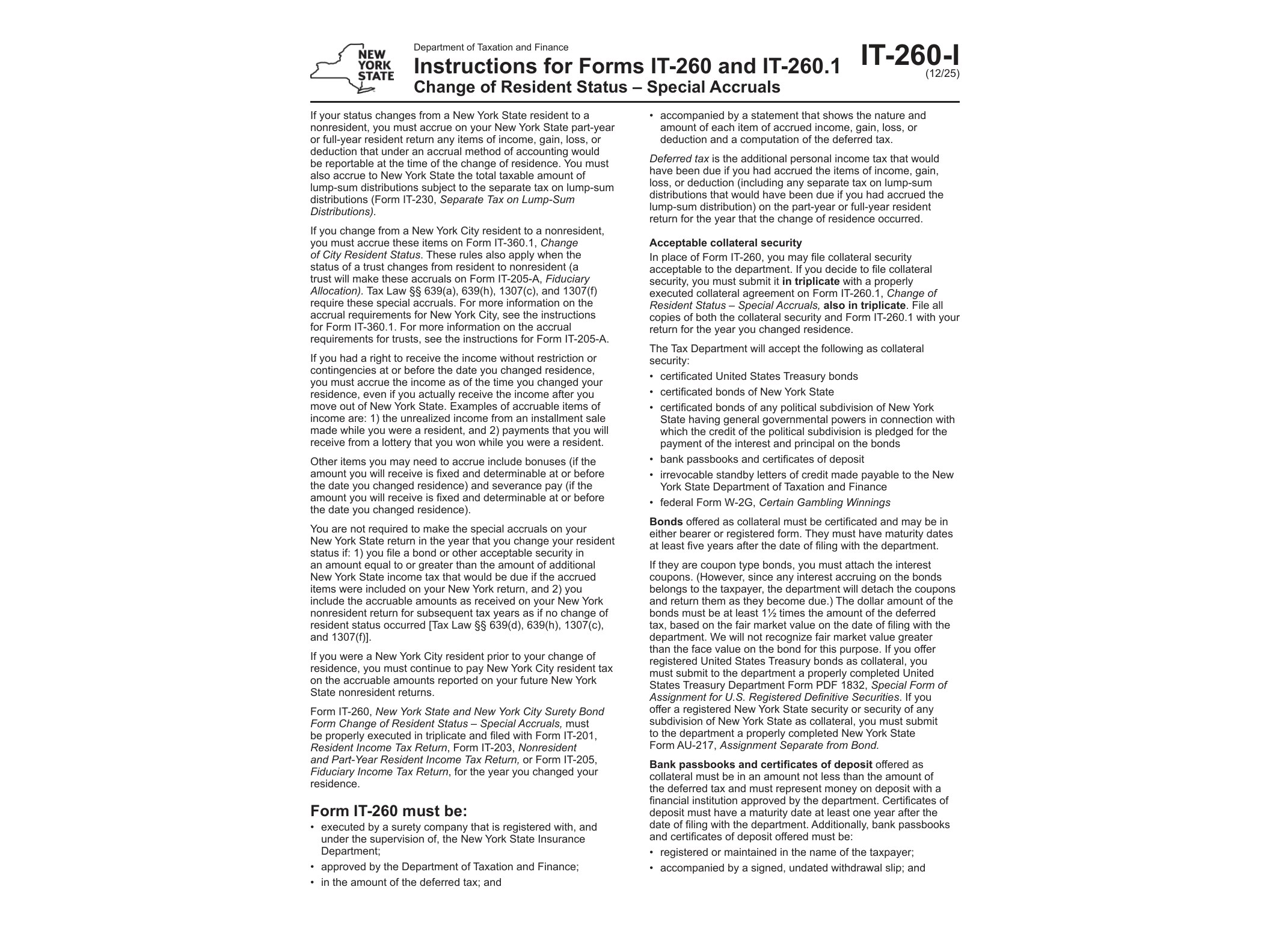 IT260I Instructions for Form IT-260 and Form IT-260.1, Change of Resident - Status Special Accruals Revised 12/25 - official form preview, page 1