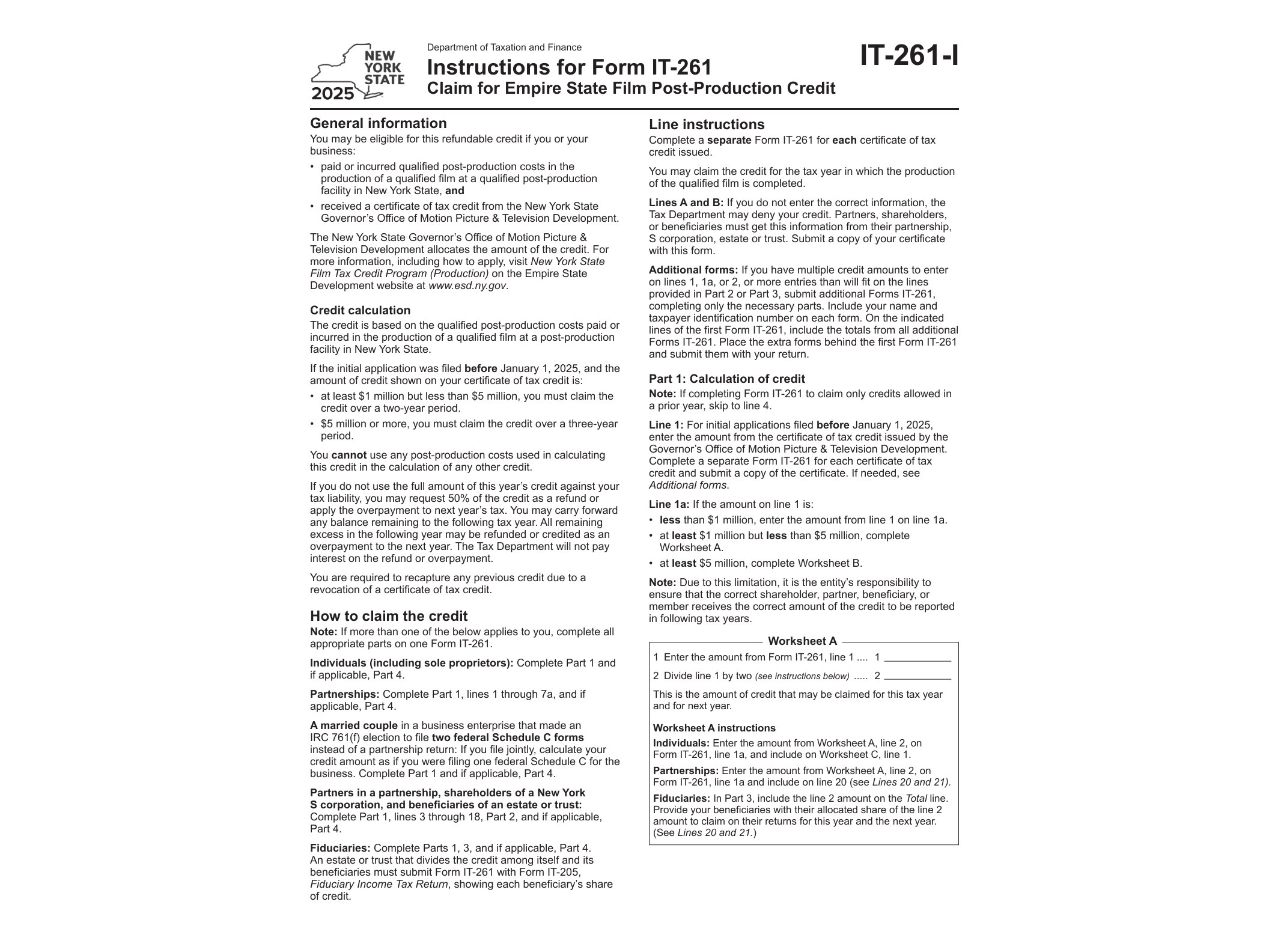 IT261I Instructions for Form IT-261 Claim for Empire State Film Post-Production Credit Tax Year 2025 - official form preview, page 1