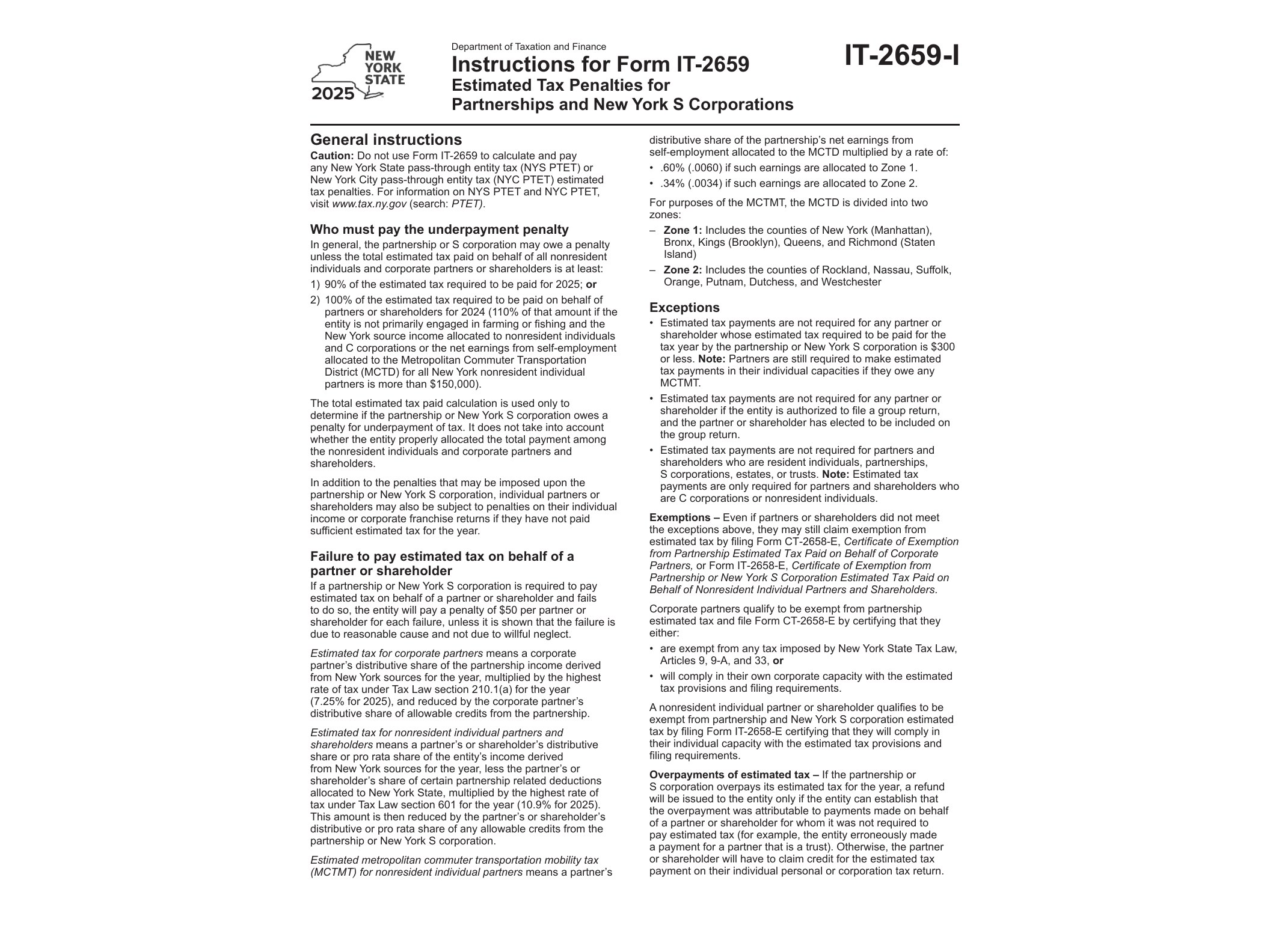 IT2659I Instructions for Form IT-2659 Estimated Tax Penalties for Partnerships and New York S Corporations Tax Year 2025 - official form preview, page 1