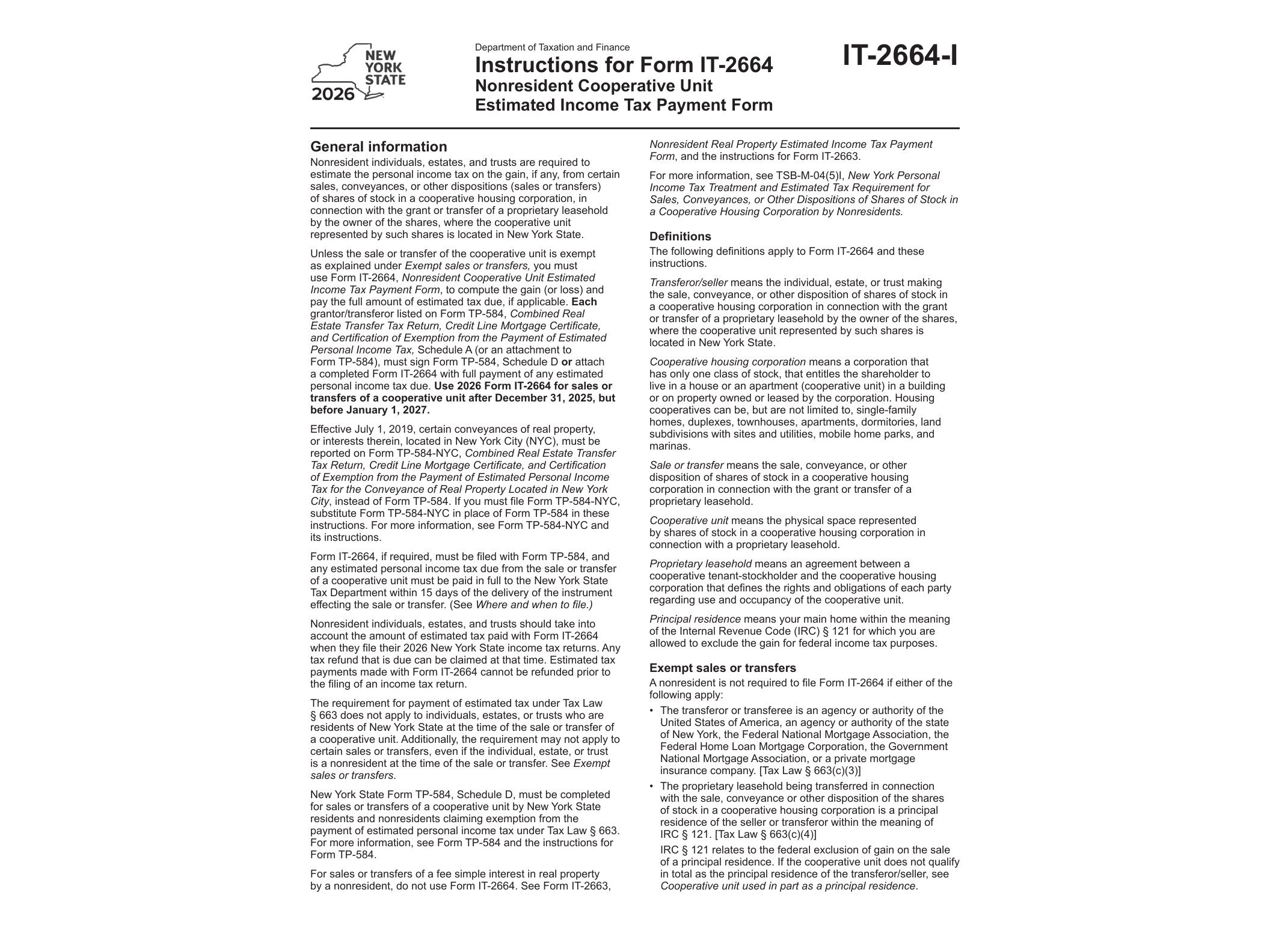 IT2664I Instructions for Form IT-2664:Nonresident Cooperative Unit Estimated Income Tax Payment Form Tax Year 2026 - official form preview, page 1