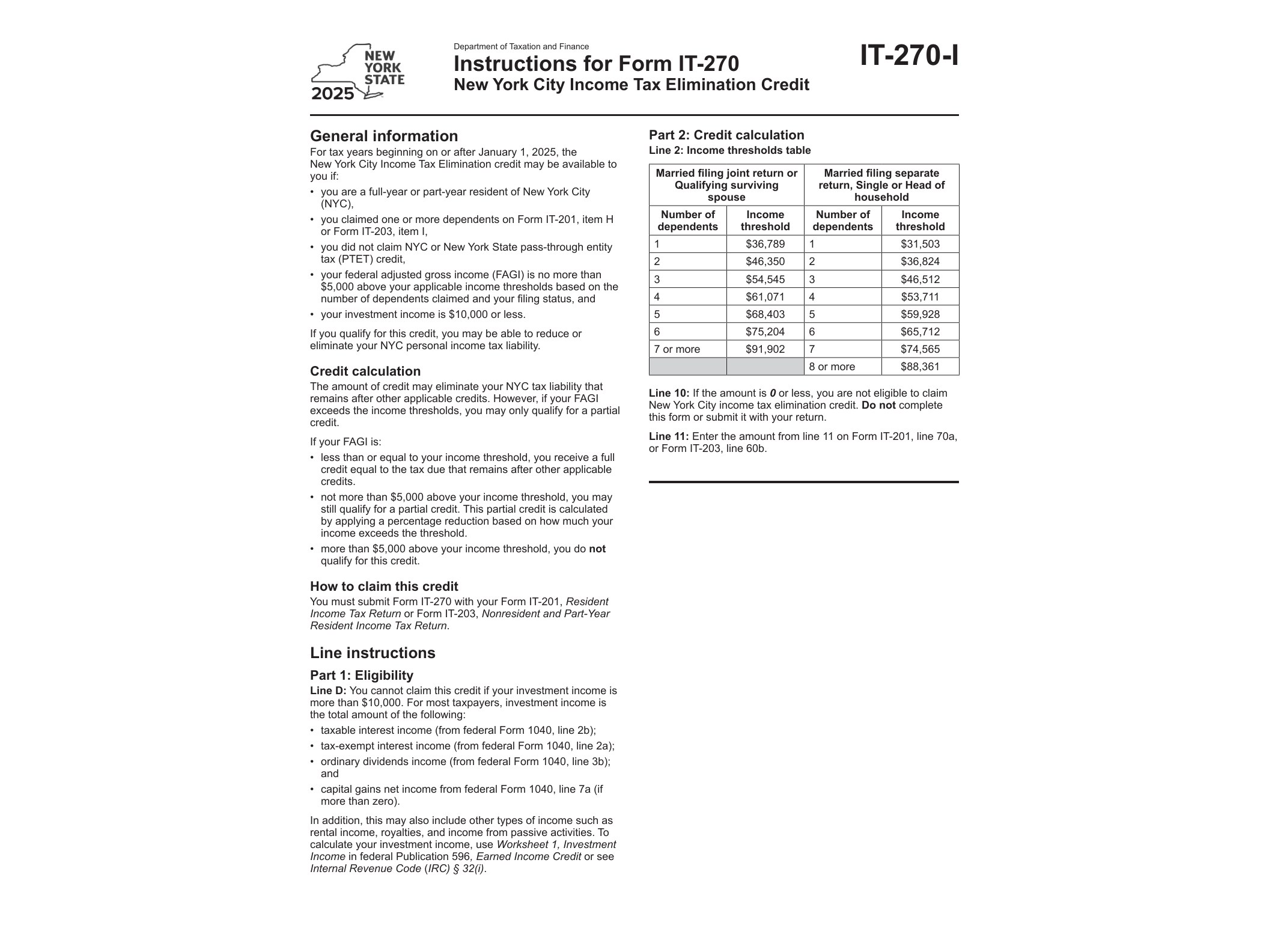 IT270I Instructions for Form IT-270 New York City Income tax Elimination Credit Tax Year 2025 - official form preview, page 1
