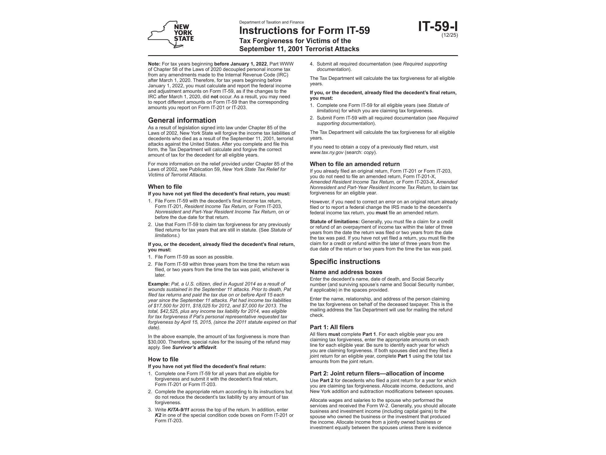 IT59I Instructions for Form IT-59 Tax Forgiveness for Victims of the September 11, 2001 Terrorist Attacks Revised 12/25 - official form preview, page 1