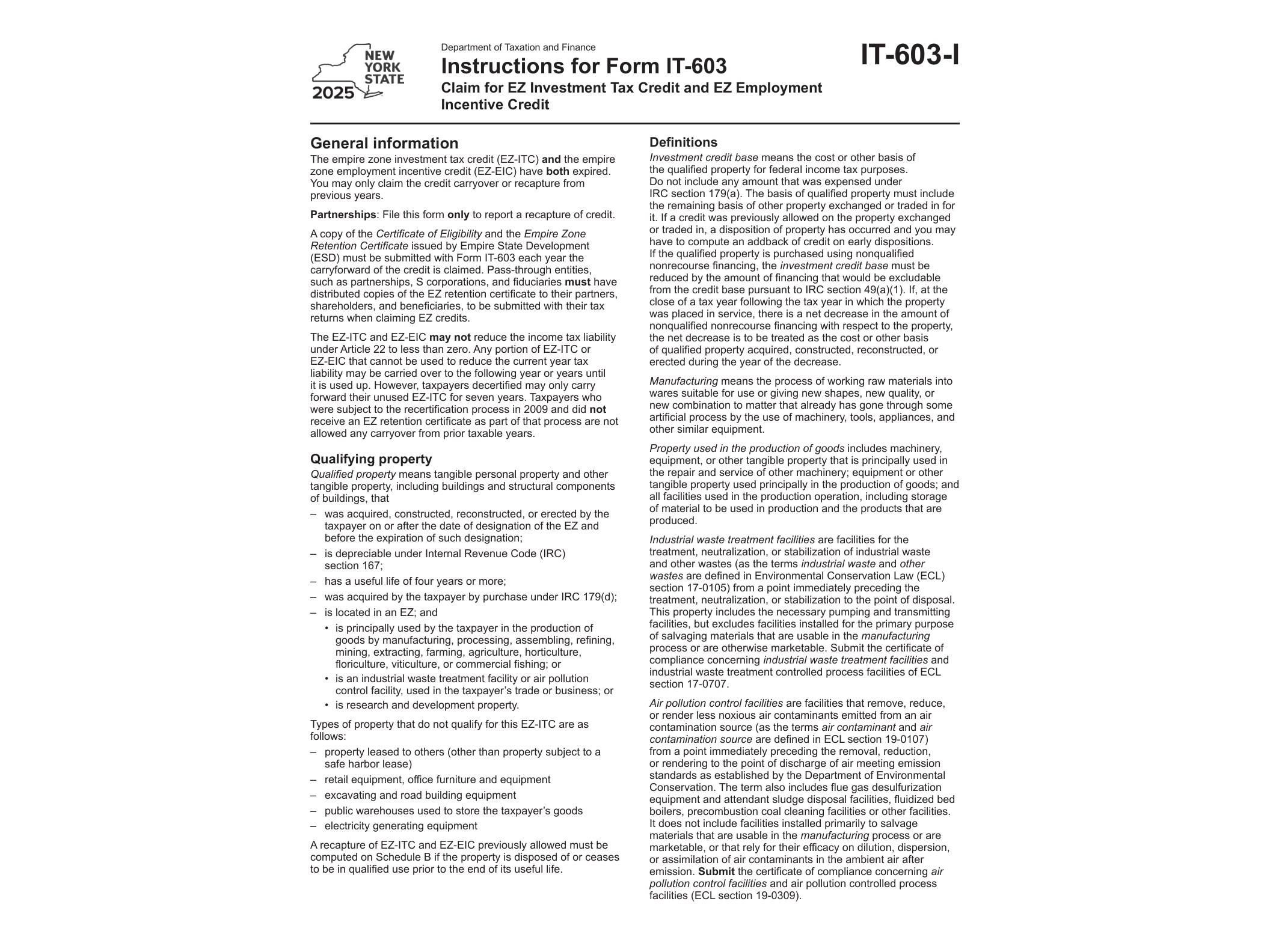 IT603I Instructions for Form IT-603 Claim for EZ Investment Tax Credit and EZ Employment Incentive Credit Tax Year 2025 - official form preview, page 1