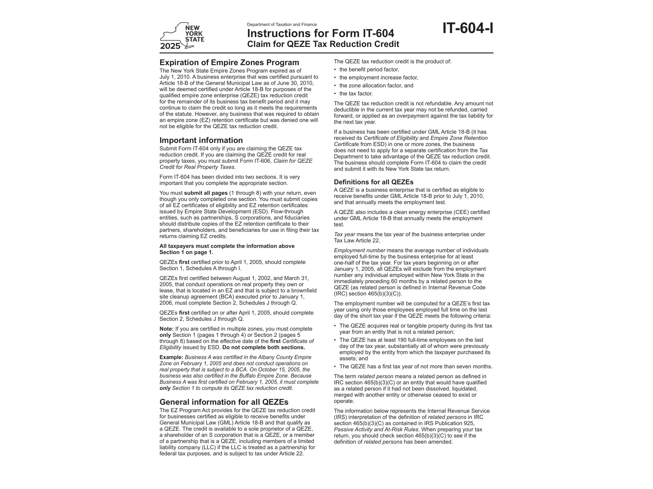 IT604I Instructions for Form IT-604 Claim for QEZE Tax Reduction Credit Tax Year 2025 - official form preview, page 1