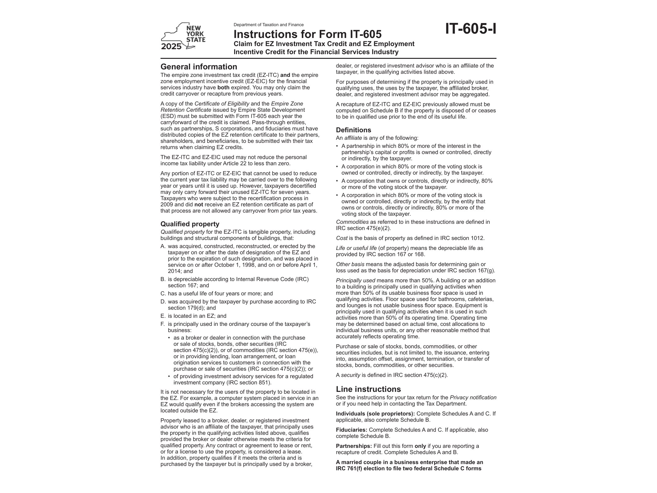IT605I Instructions for Form IT-605 Claim for EZ Investment Tax Credit and EZ Employment Incentive Credit for the Financial Services Industry Tax Year 2025 - official form preview, page 1