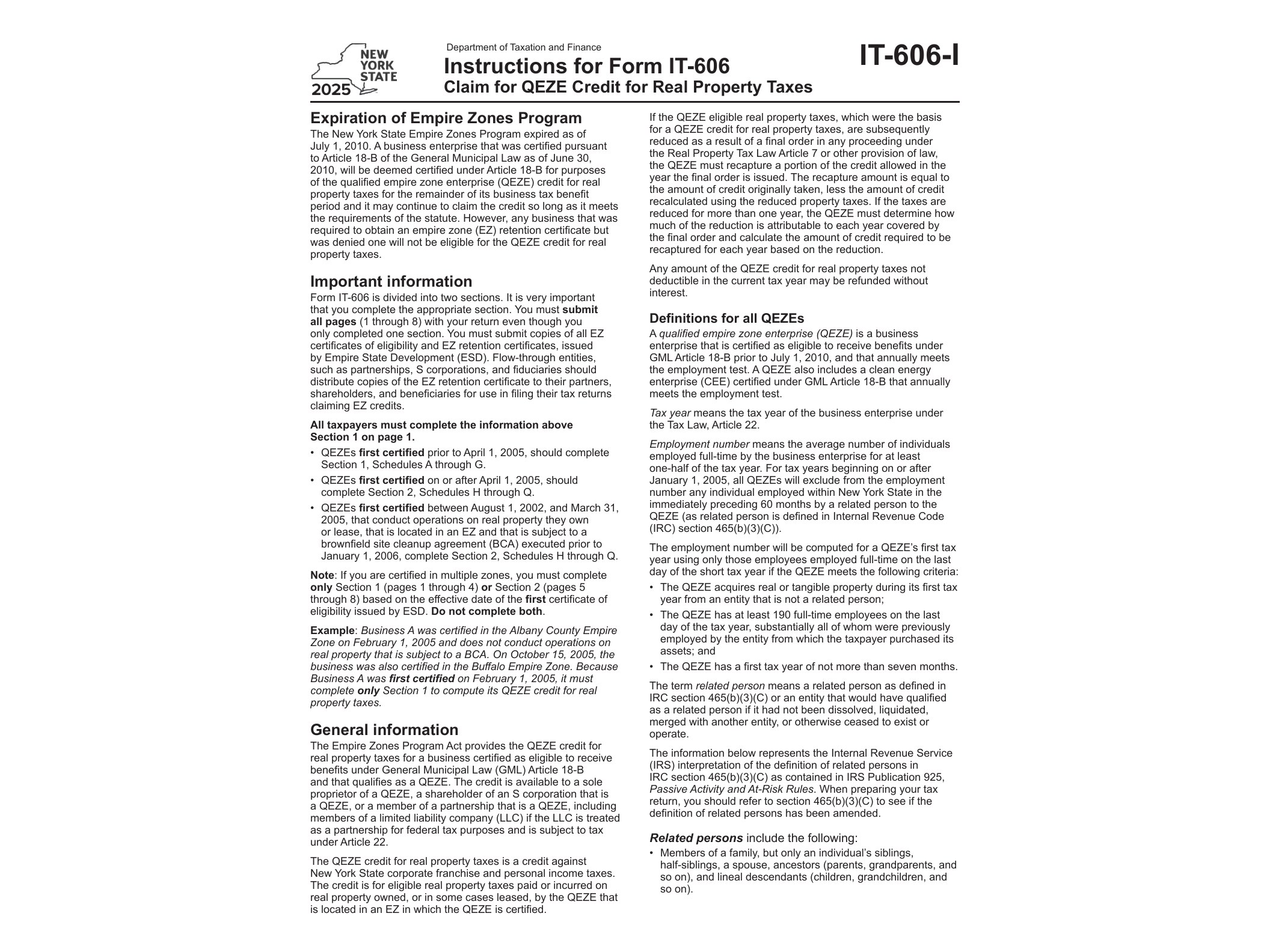 IT606I Instructions for Form IT-606 Claim for QEZE Credit for Real Property Taxes Tax Year 2025 - official form preview, page 1