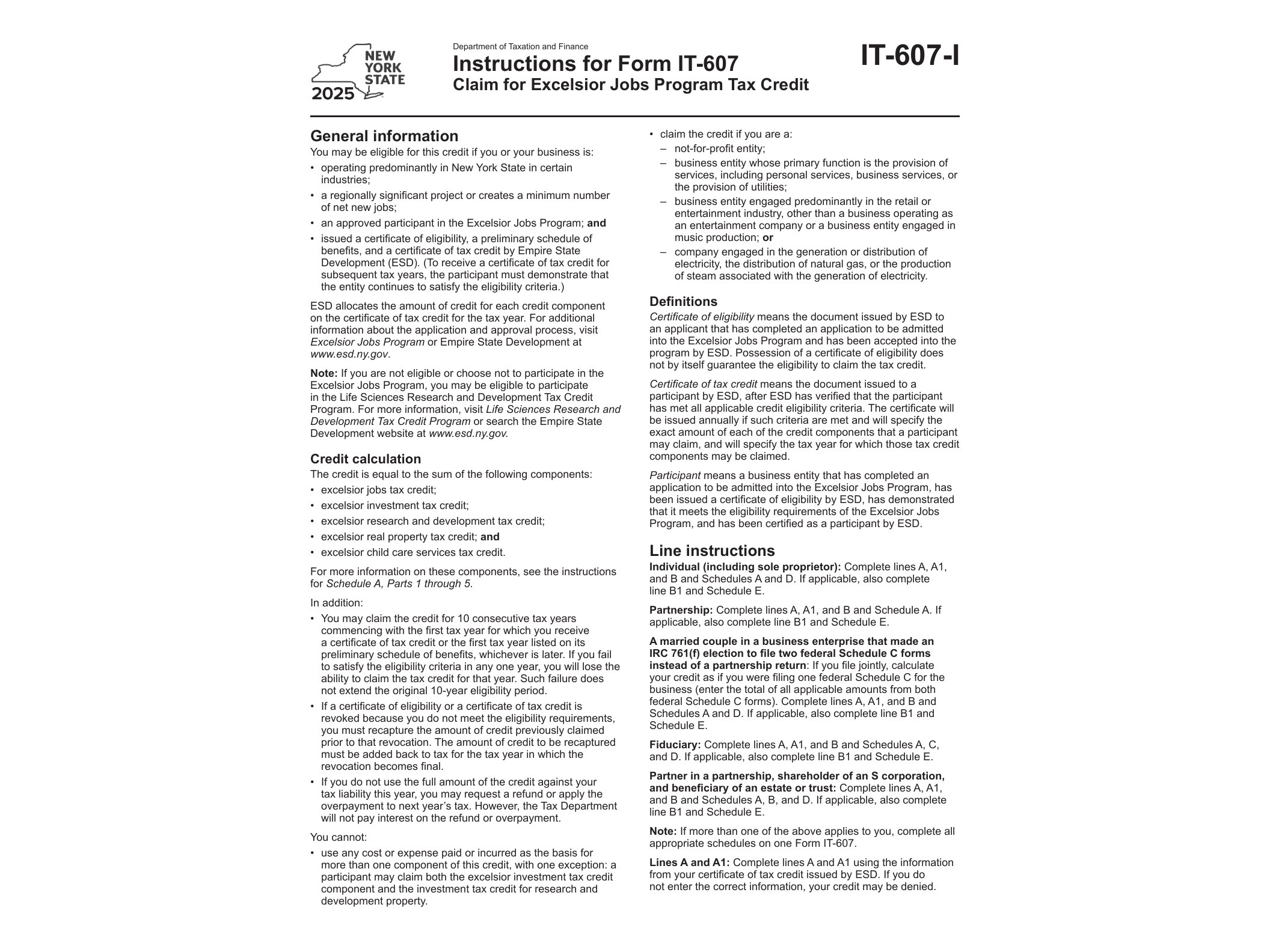 IT607I Instructions for Form IT-607 Claim for Excelsior Jobs Program Tax Credit Tax Year 2025 - official form preview, page 1