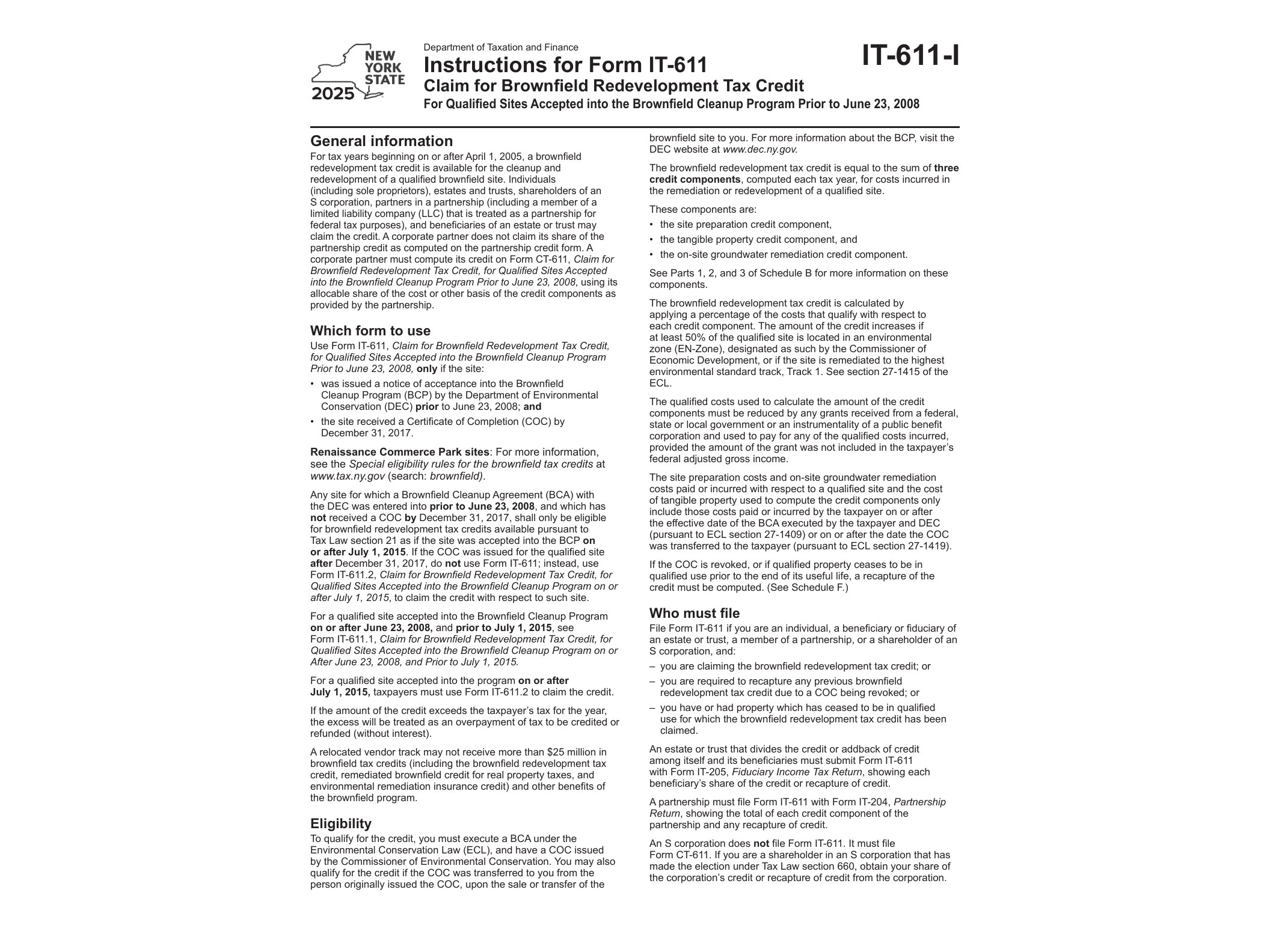 IT611I Instructions for Form IT-611 Claim for Brownfield Redevelopment Tax Credit Tax Year 2025 - official form preview, page 1