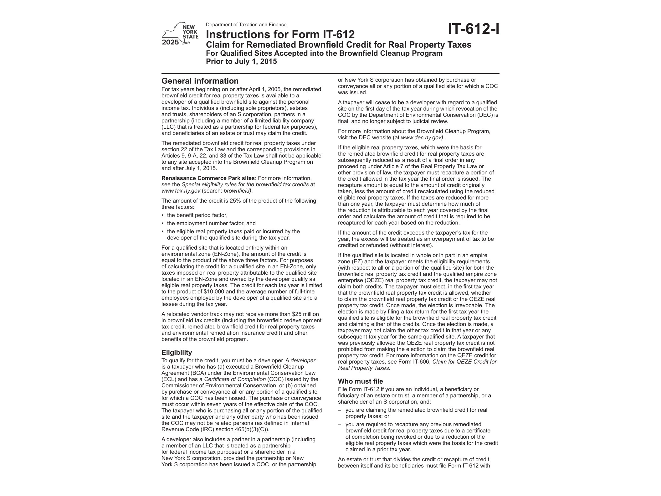 IT612I Instructions for Form IT-612 Claim for Remediated Brownfield Credit for Real Property Taxes Tax Year 2025 - official form preview, page 1