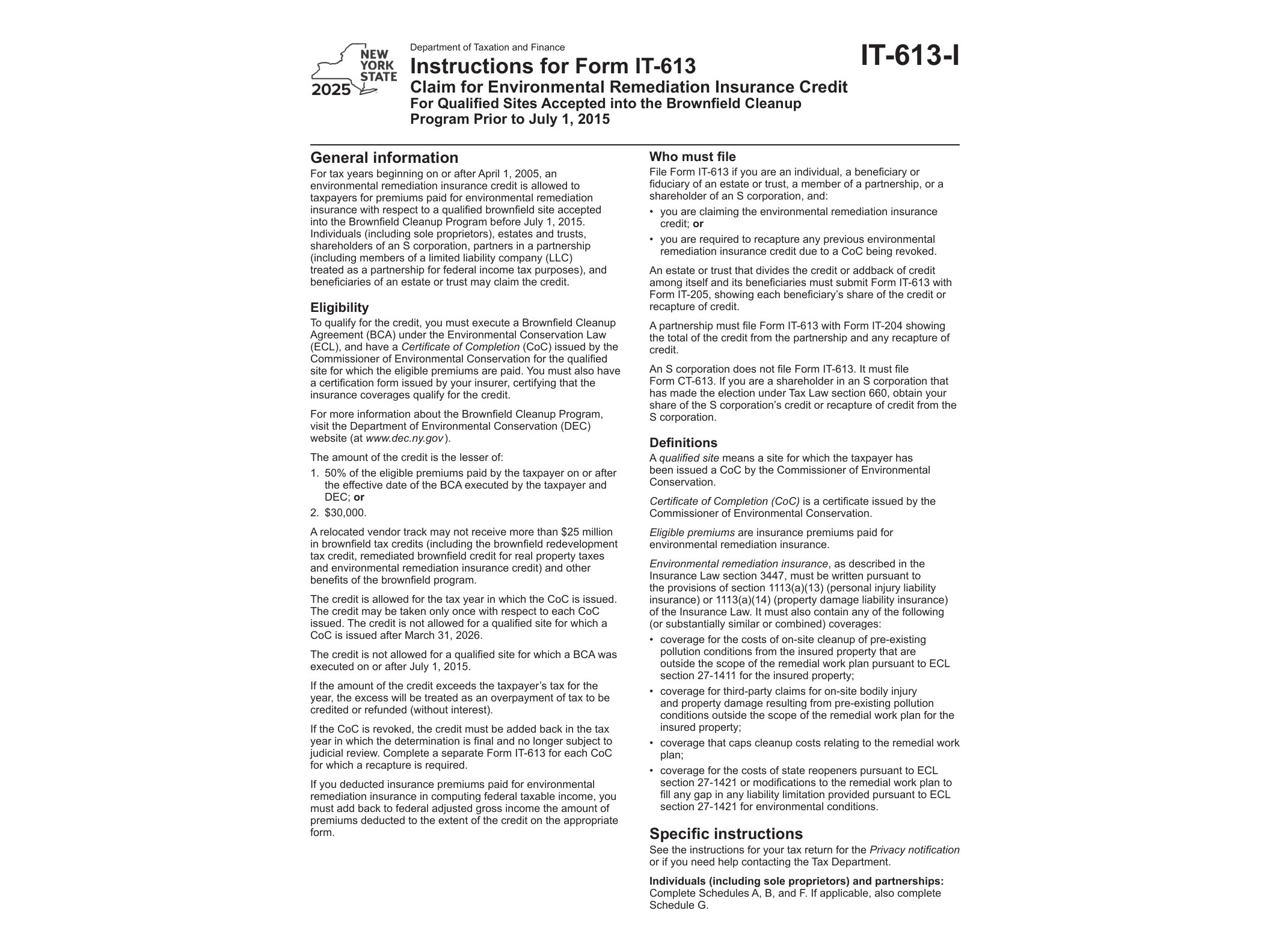 IT613I Instructions for Form IT-613 Claim for Environmental Remediation Insurance Credit Tax Year 2025 - official form preview, page 1