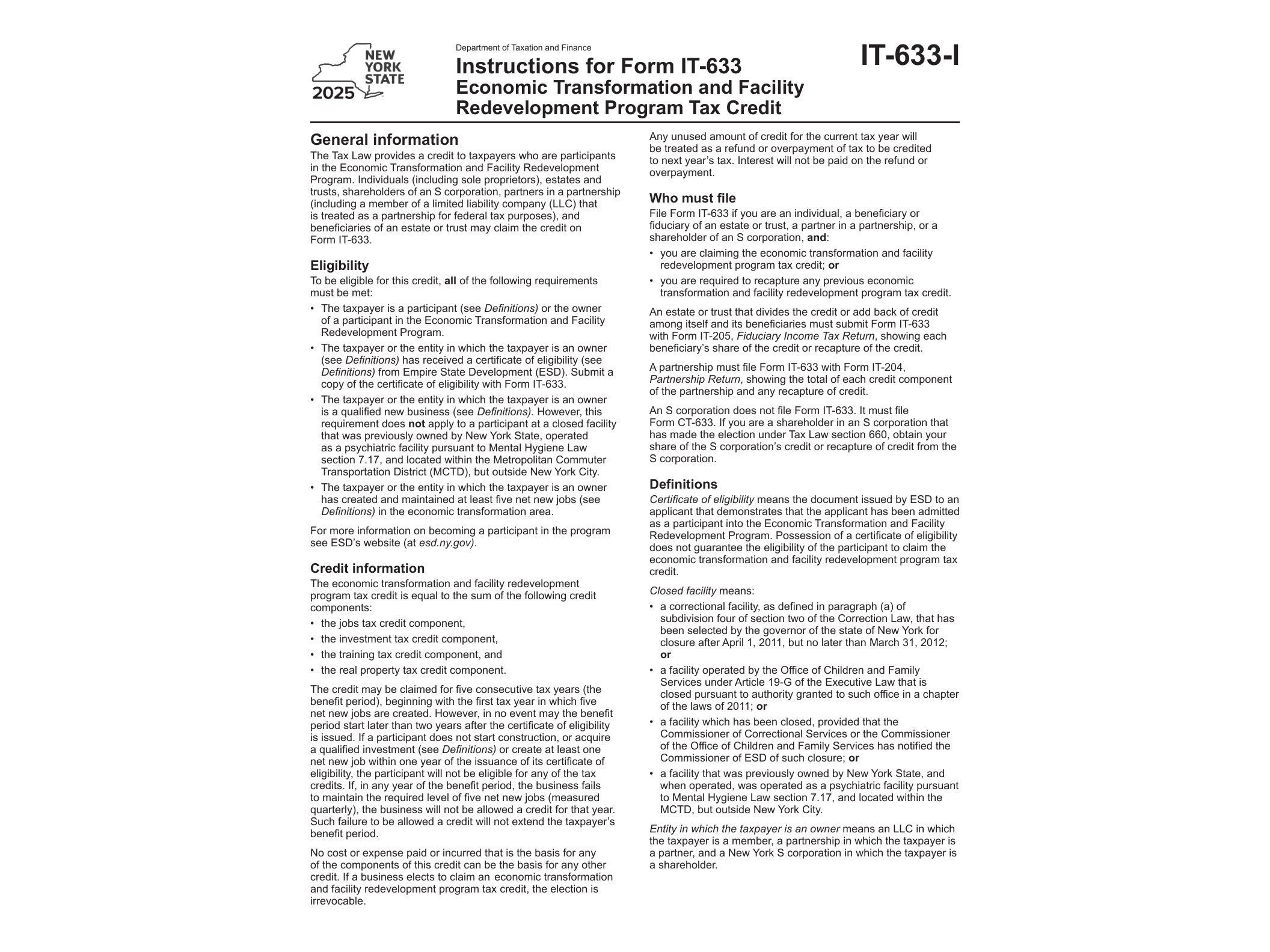 IT633I Instructions for Form IT-633 Economic Transformation and Facility Redevelopment Program Tax Credit Tax Year 2025 - official form preview, page 1