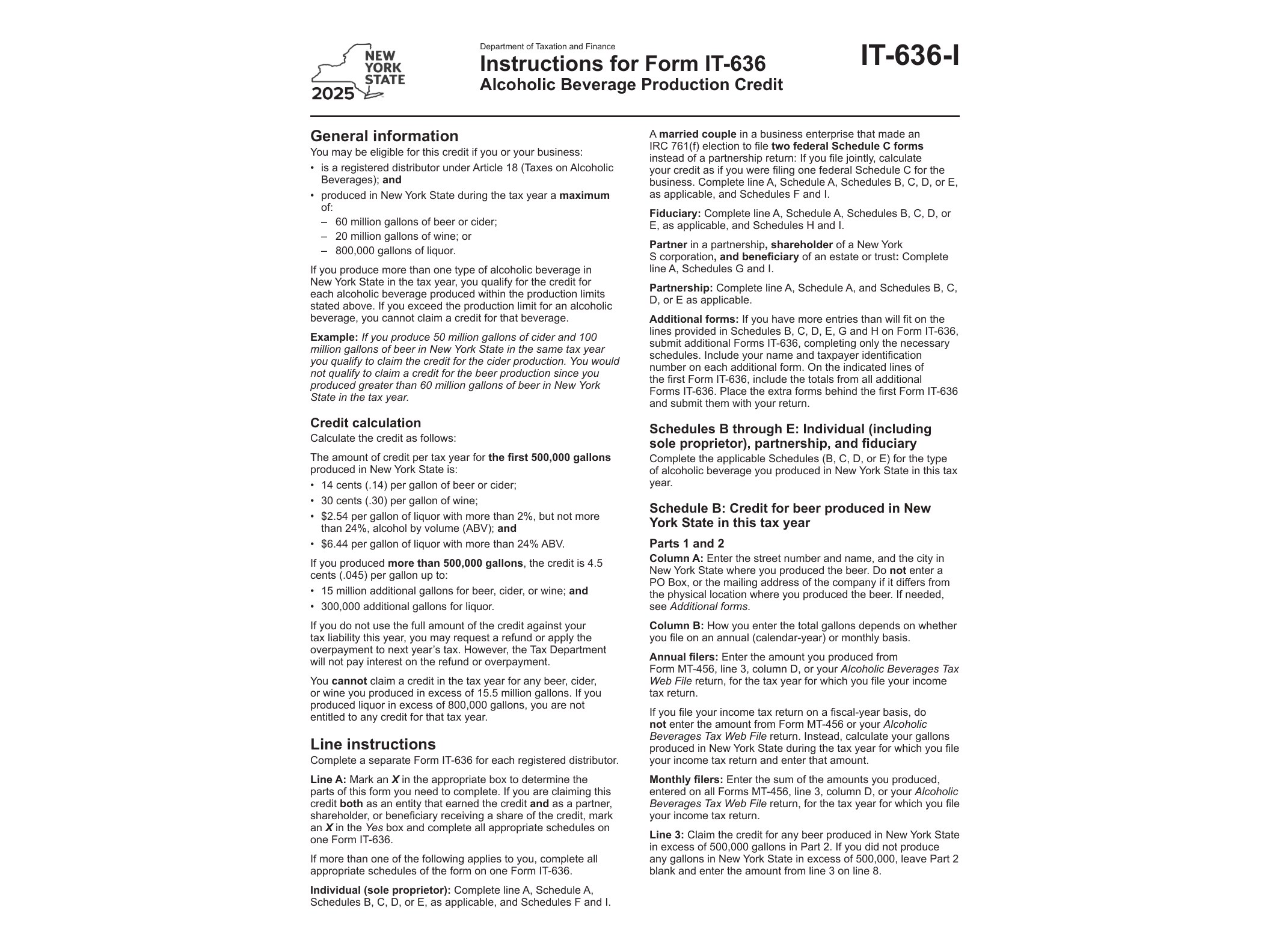 IT636I Instructions for Form IT-636 Alcoholic Beverage Production Credit Tax Year 2025 - official form preview, page 1