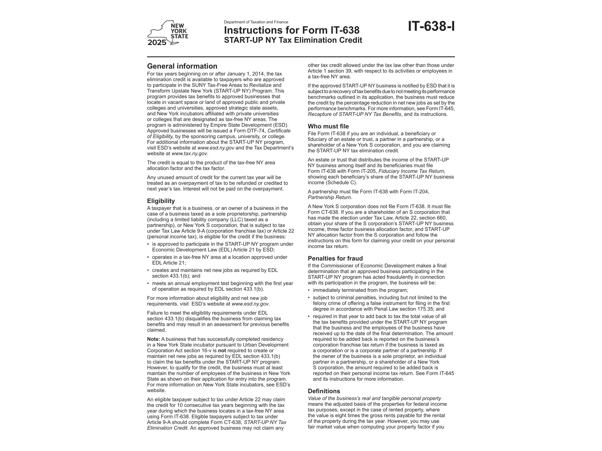IT638I Instructions for Form IT-638 START-UP NY Tax Elimination Credit Tax Year 2025 - official form preview, page 1
