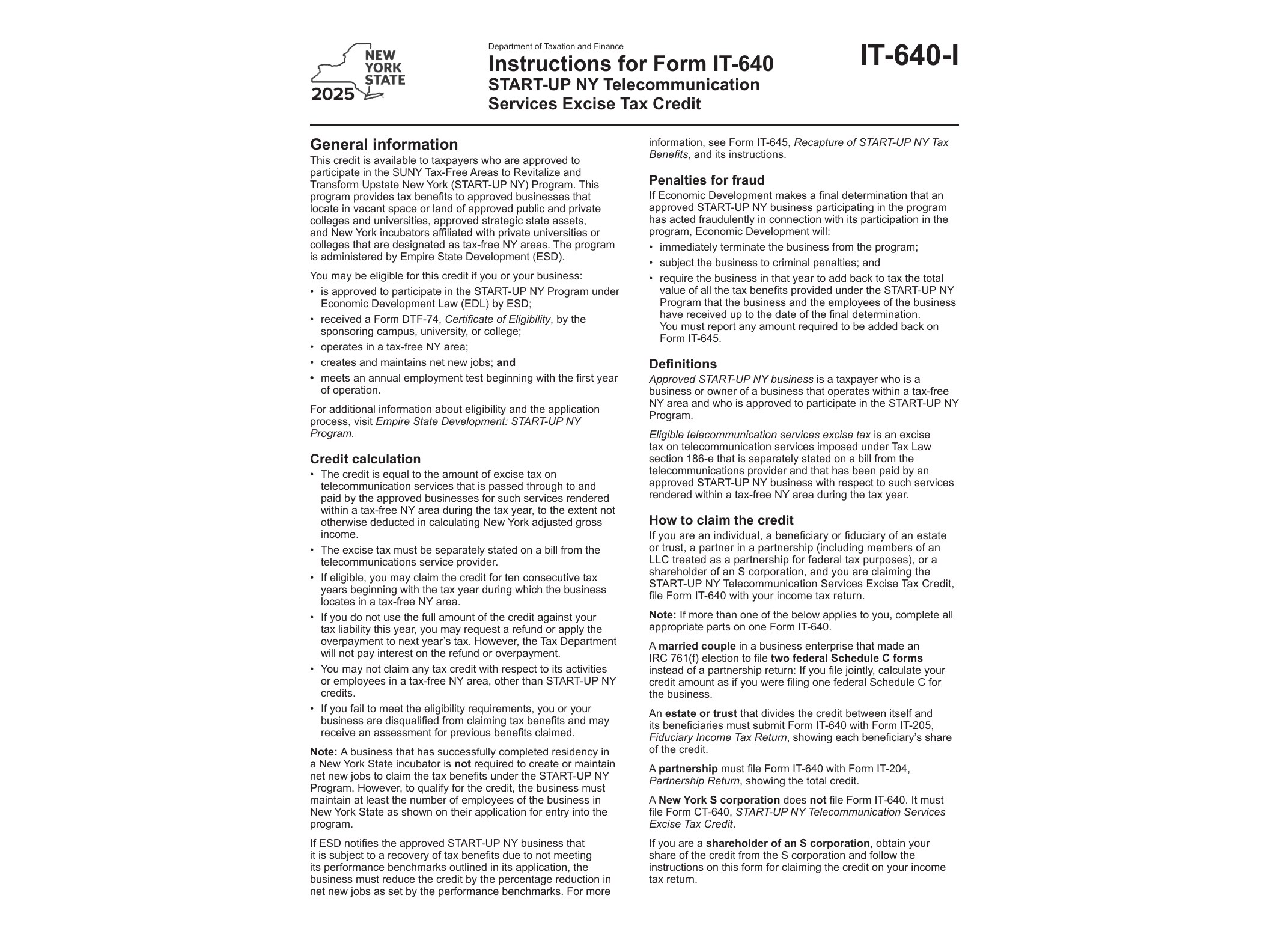 IT640I Instructions for Form IT-640 START-UP NY Telecommunication Services Excise Tax Credit Tax Year 2025 - official form preview, page 1