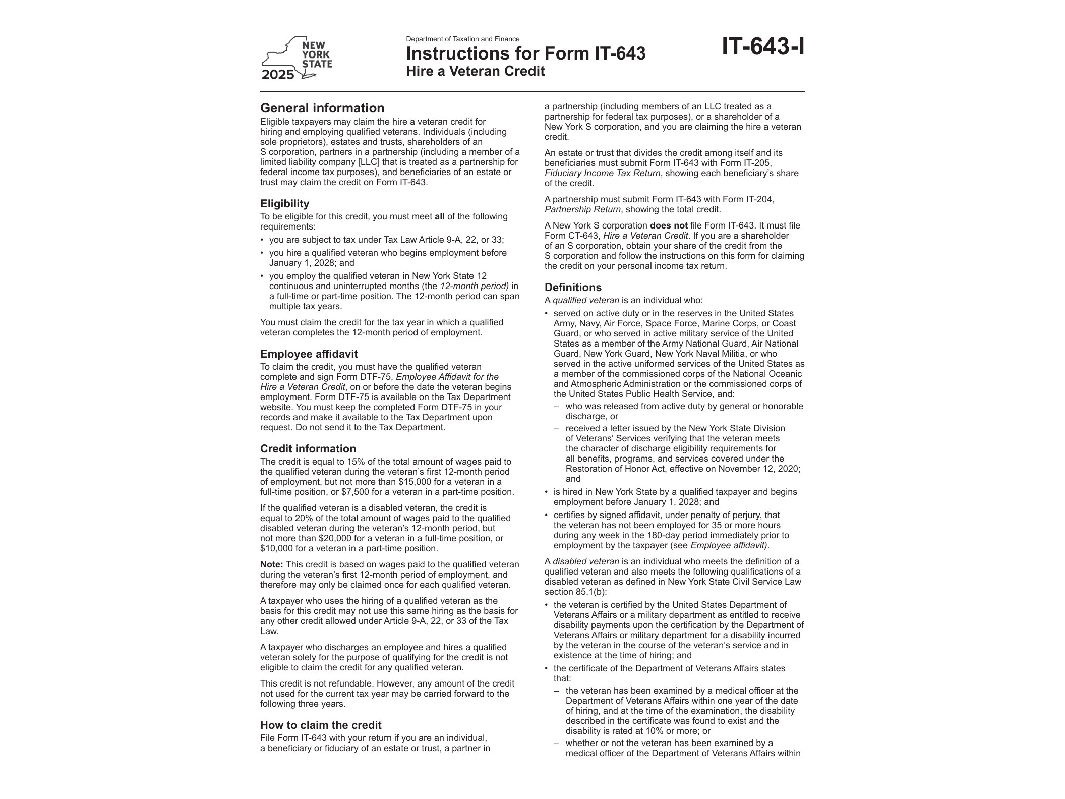 IT643I Instructions for Form IT-643 Hire a Veteran Credit Tax Year 2025 - official form preview, page 1