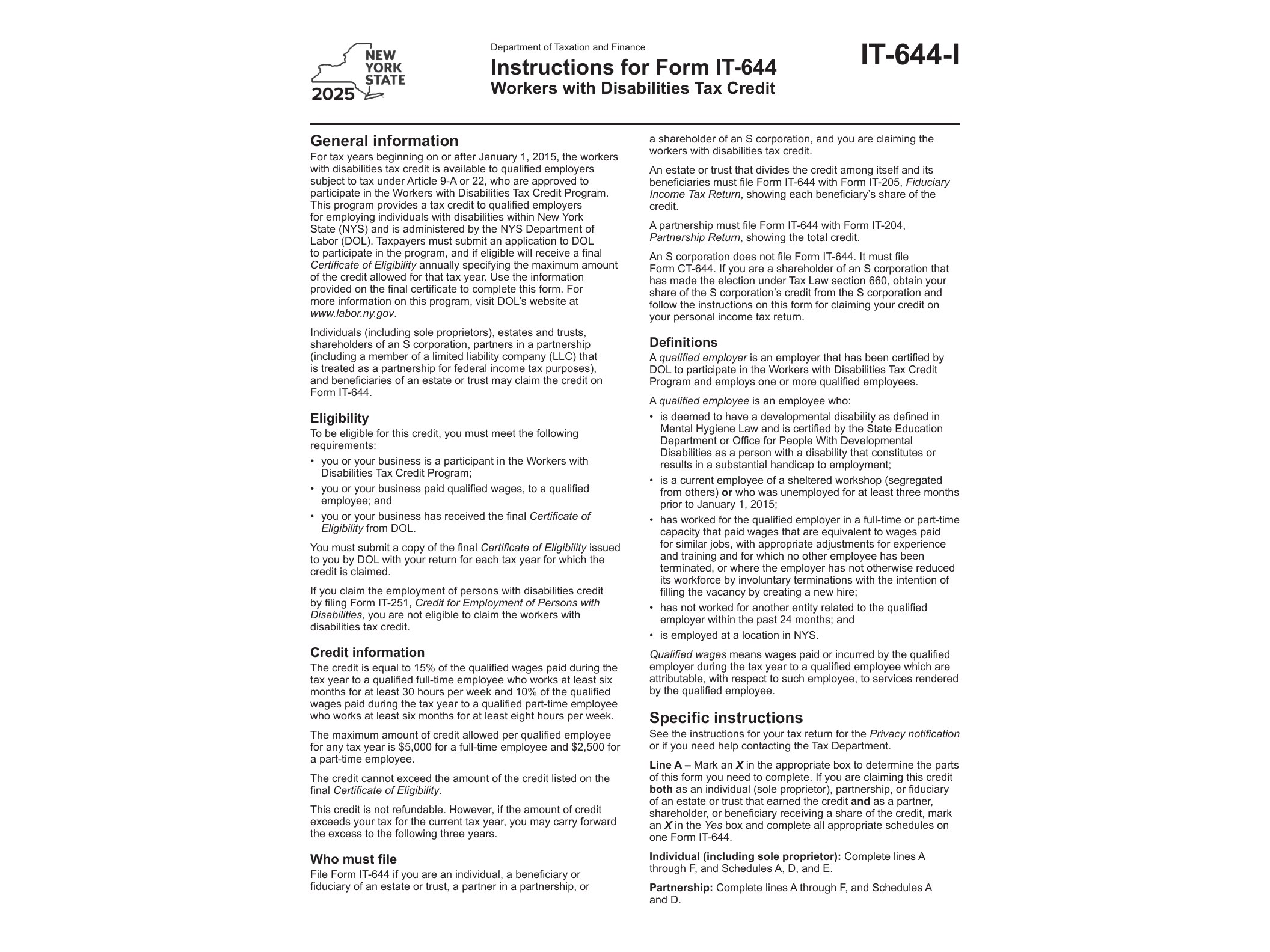 IT644I Instructions for Form IT-644 Workers with Disabilities Tax Credit Tax Year 2025 - official form preview, page 1