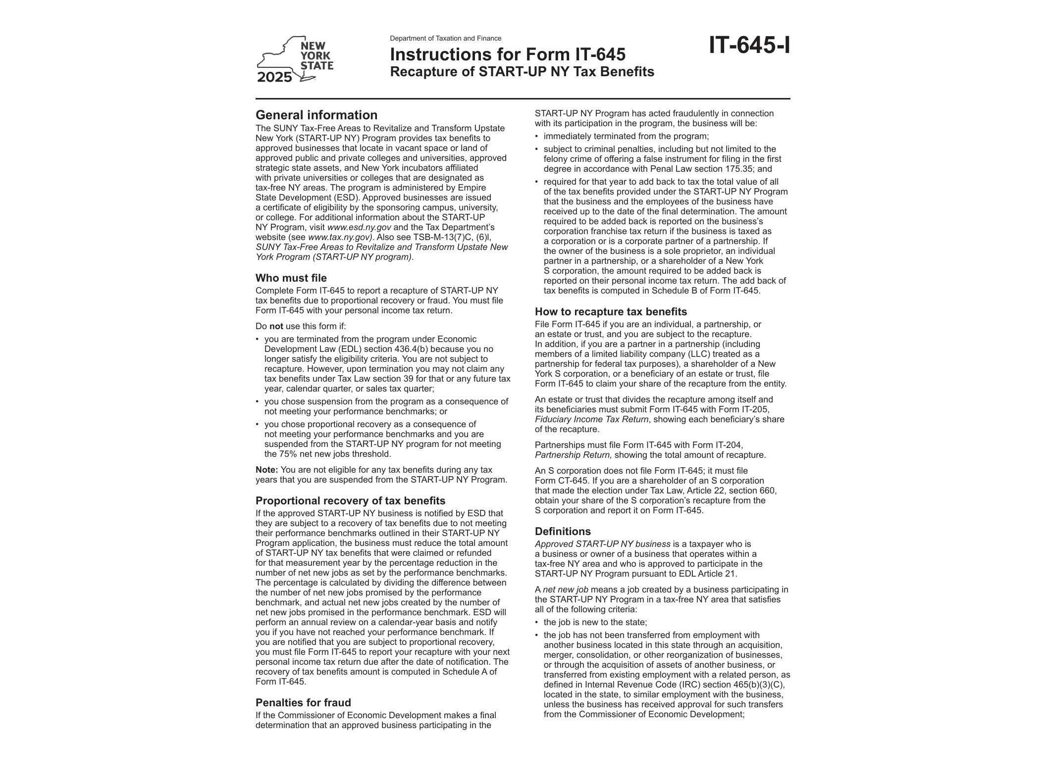 IT645I Instructions for Form IT-645 Recapture of START-UP NY Tax Benefits Tax Year 2025 - official form preview, page 1