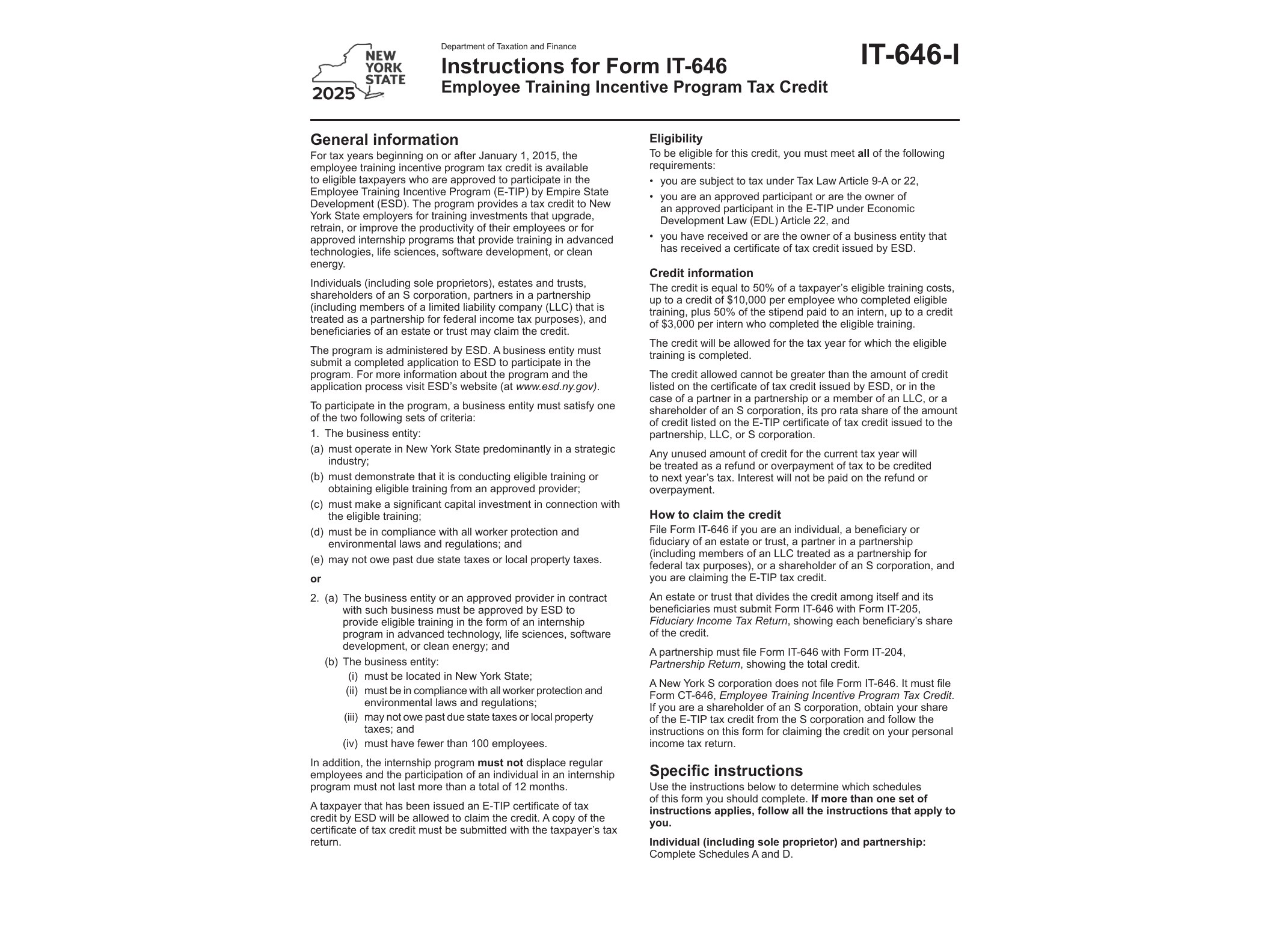 IT646I Instructions for Form IT-646 Employee Training Incentive Program Tax Credit Tax Year 2025 - official form preview, page 1