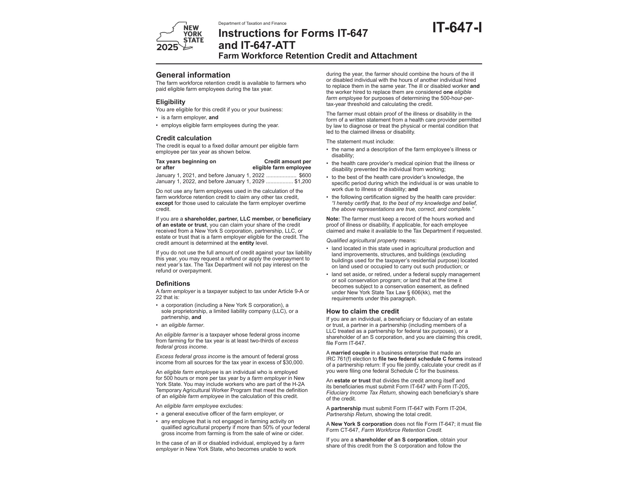 IT647I Instructions for Forms IT-647 and IT-647-ATT Farm Workforce Retention Credit and Attachment Tax Year 2025 - official form preview, page 1