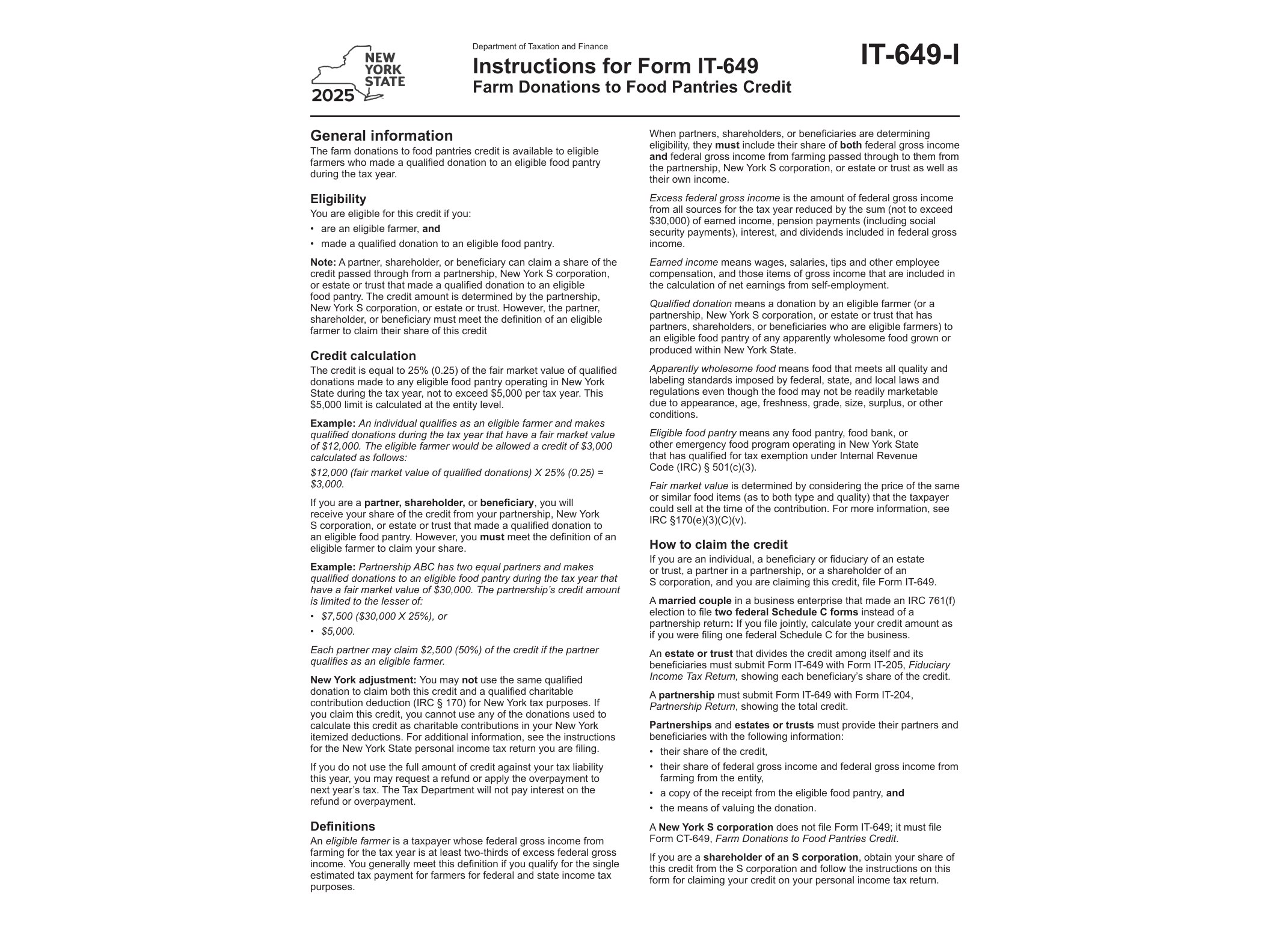IT649I Instructions for Form IT-649 Farm Donations to Food Pantries Credit Tax Year 2025 - official form preview, page 1