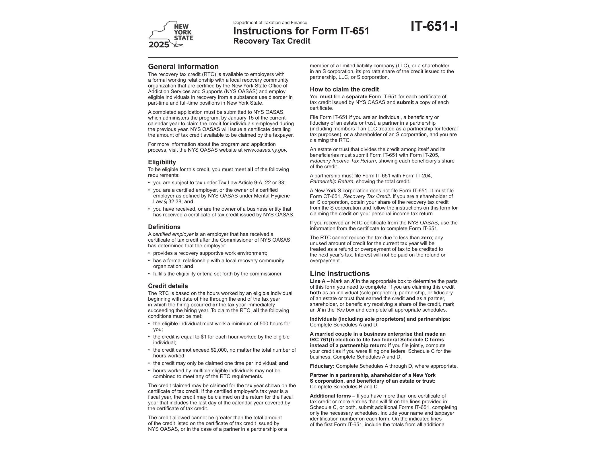 IT651I Instructions for Form IT-651 Recovery Tax Credit Year 2025 - official form preview, page 1