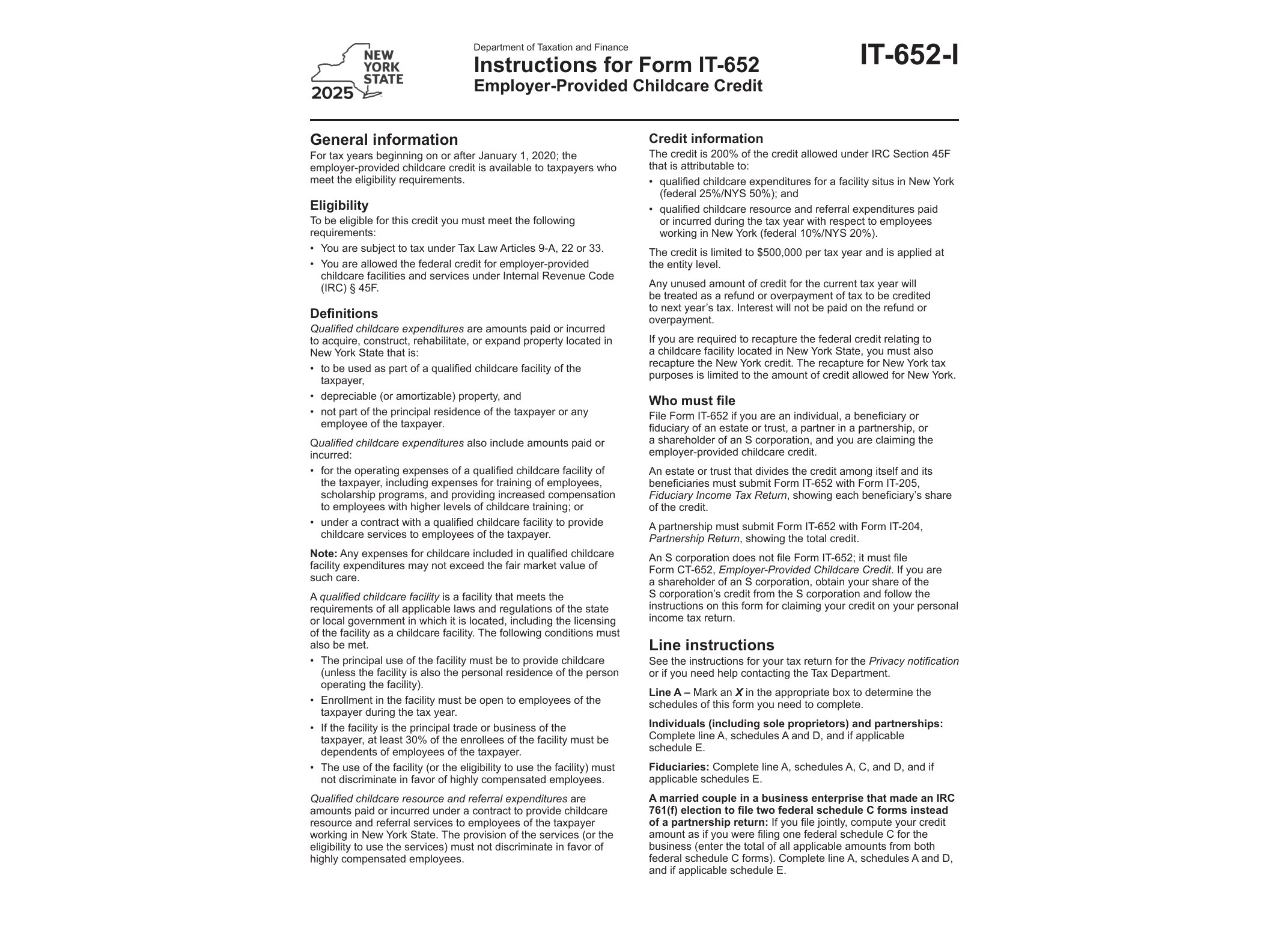 IT652I Instructions for Form IT-652 Employer-Provided Childcare Credit Tax Year 2025 - official form preview, page 1