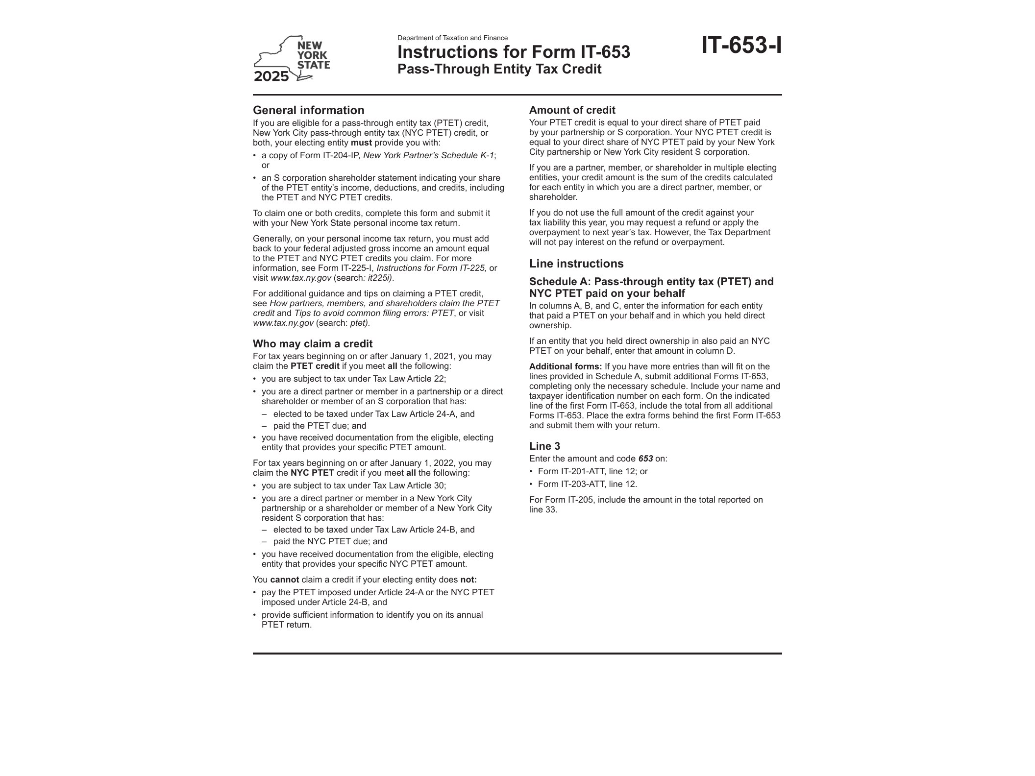 IT653I Instructions for Form IT-653 Pass-Through Entity Tax Credit Tax Year 2025 - official form preview, page 1