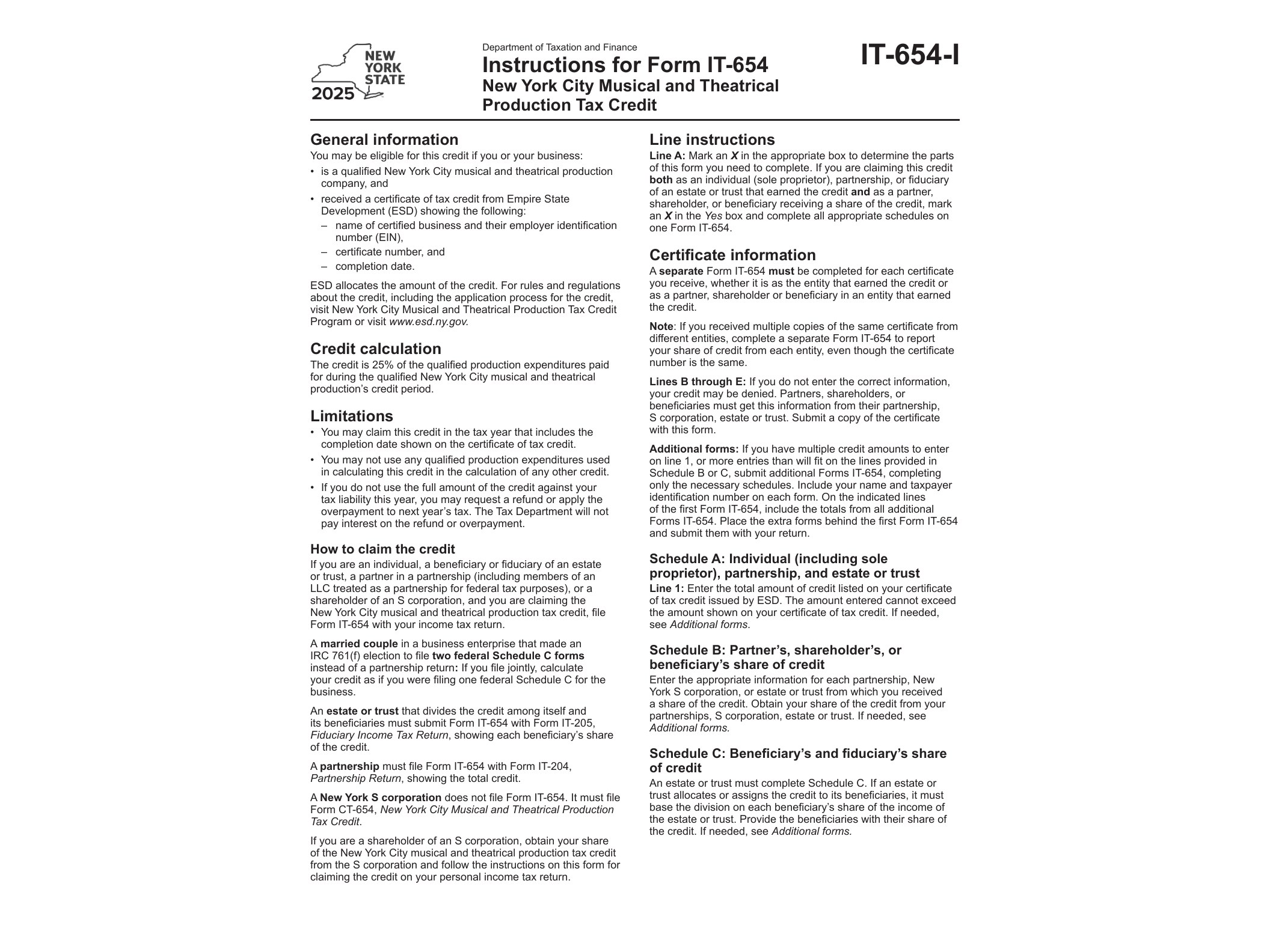 IT654I Instructions for Form IT-654 New York City Musical and Theatrical Production Tax Credit Tax Year 2025 - official form preview, page 1