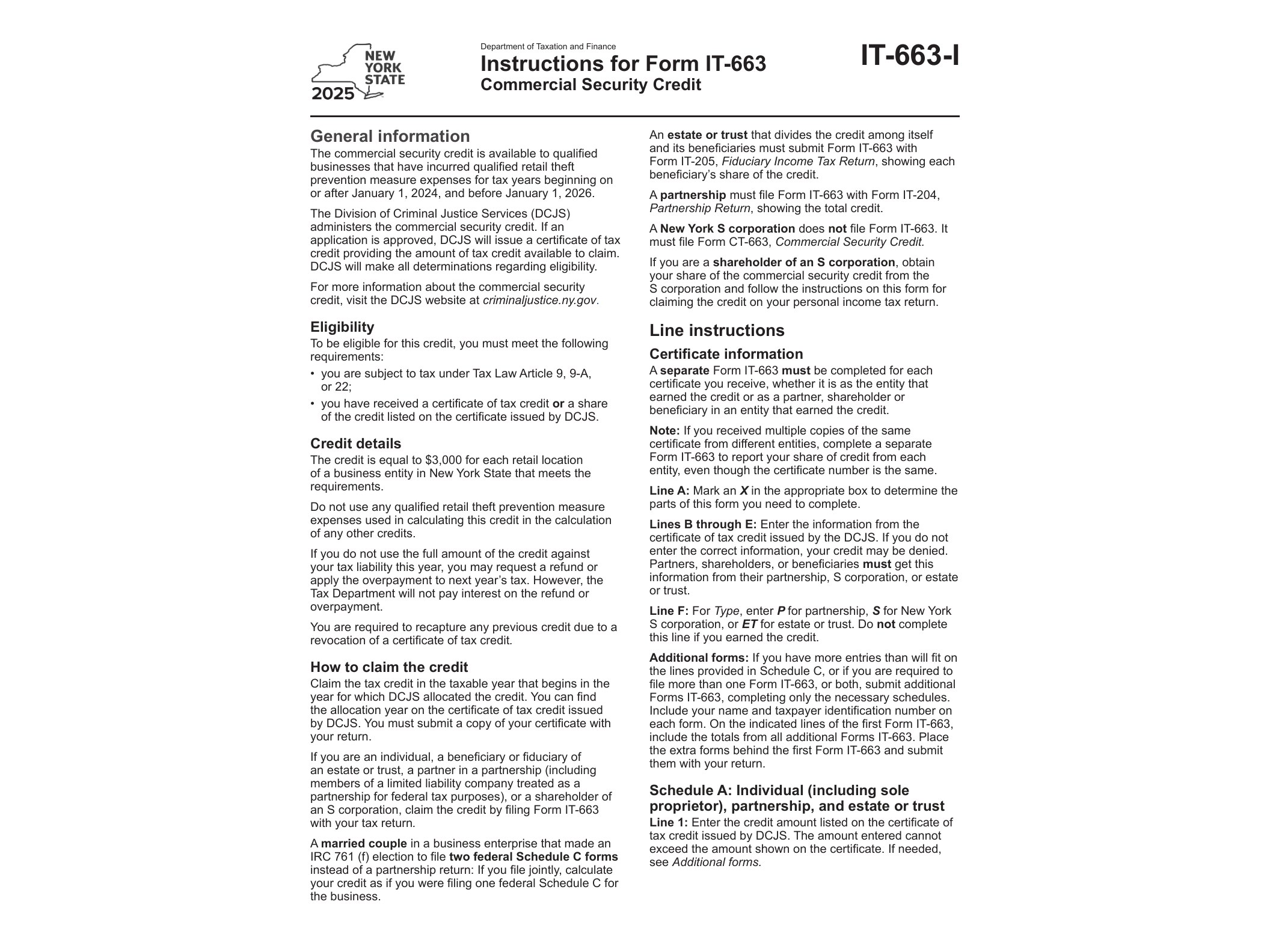 IT663I Instructions for Form IT-663 Commercial Security Creditt Tax Year 2025 - official form preview, page 1