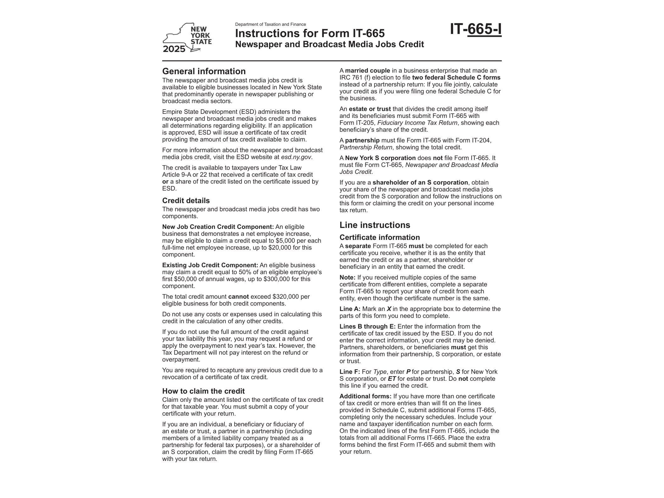 IT665I Instructions for Form IT-665 Newspaper and Broadcast Media Jobs Credit Tax Year 2025 - official form preview, page 1