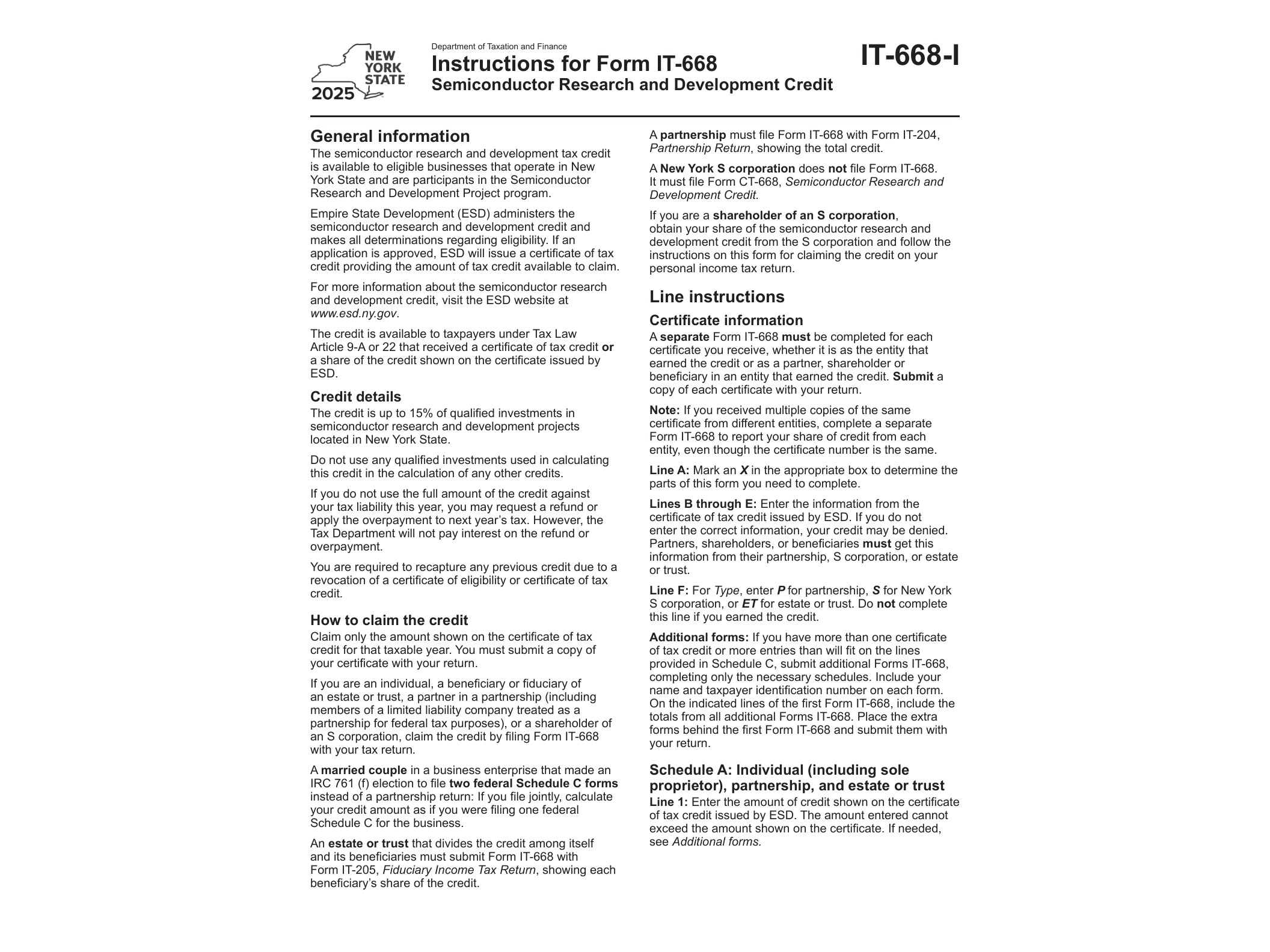 IT668I Instructions for Form IT-668 Semiconductor Research and Development Credit Tax Year 2025 - official form preview, page 1