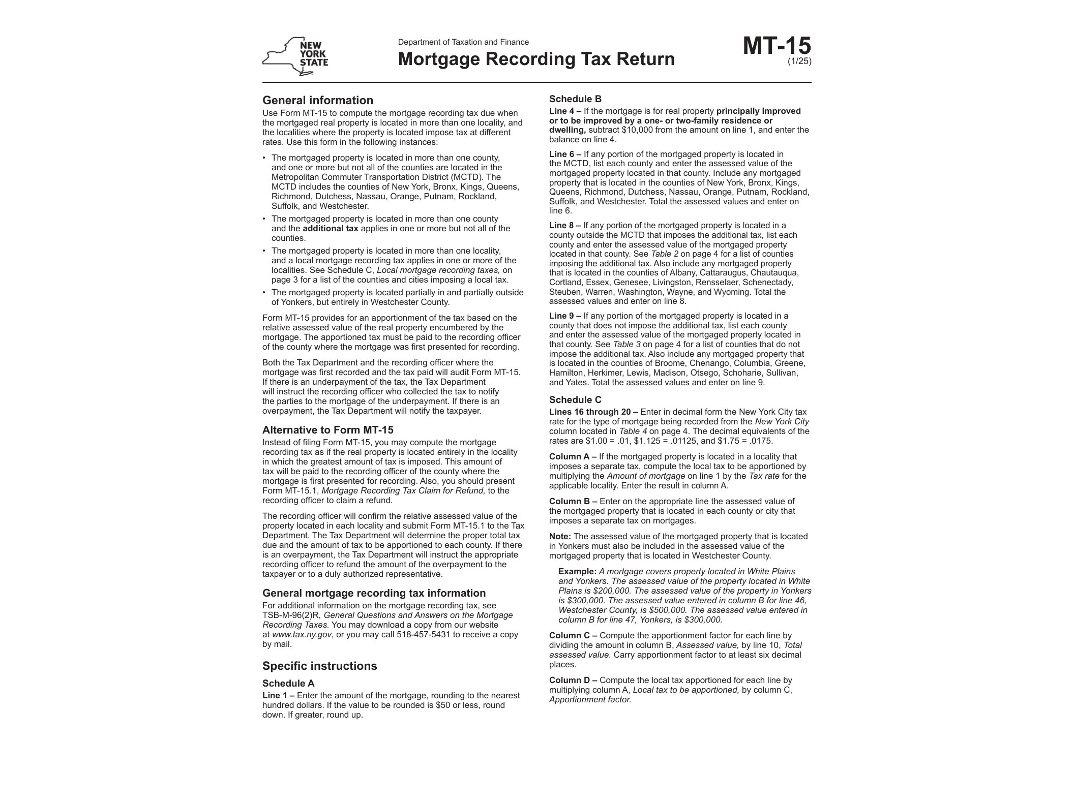 MT15 Form MT-15:5/19:Mortgage Recording Tax Return:mt15 - official form preview, page 1