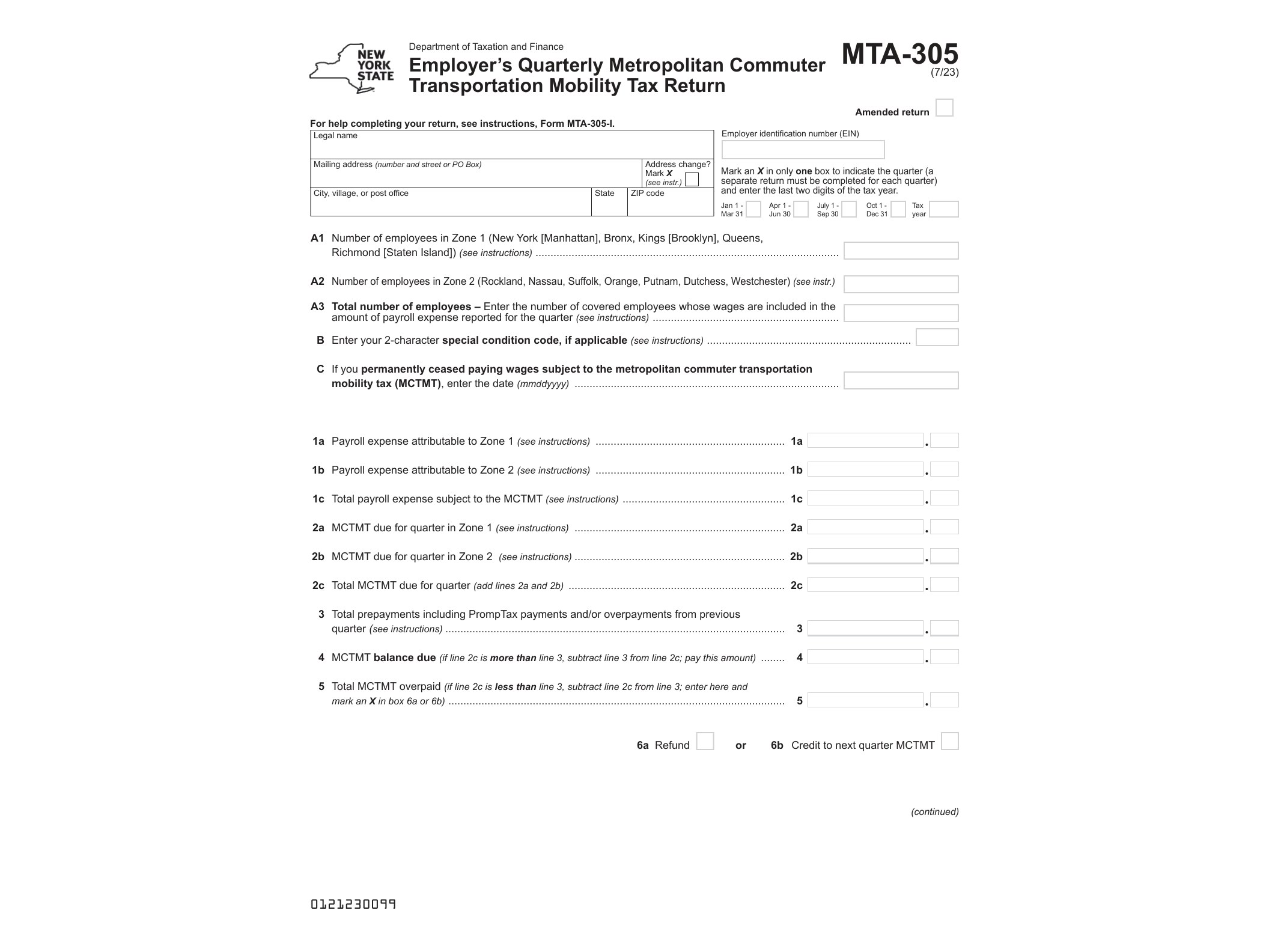 MTA305 Form MTA-305 Employer's Quarterly Metropolitan Commuter Transportation Mobility Tax Return Revised 7/23 - official form preview, page 1