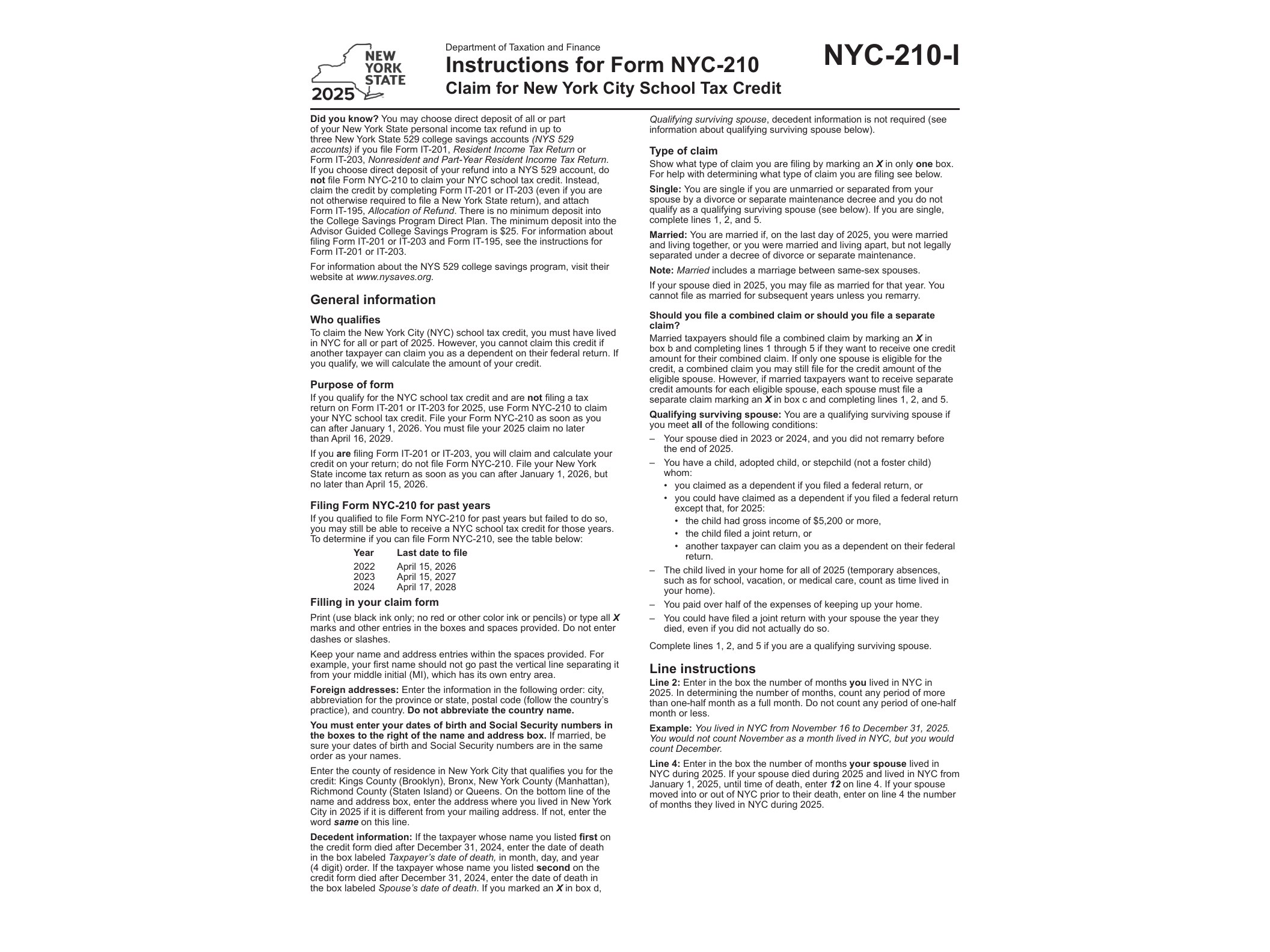 NYC210I Instructions for Form NYC-210 Claim for New York City School Tax Credit Tax Year 2025 - official form preview, page 1