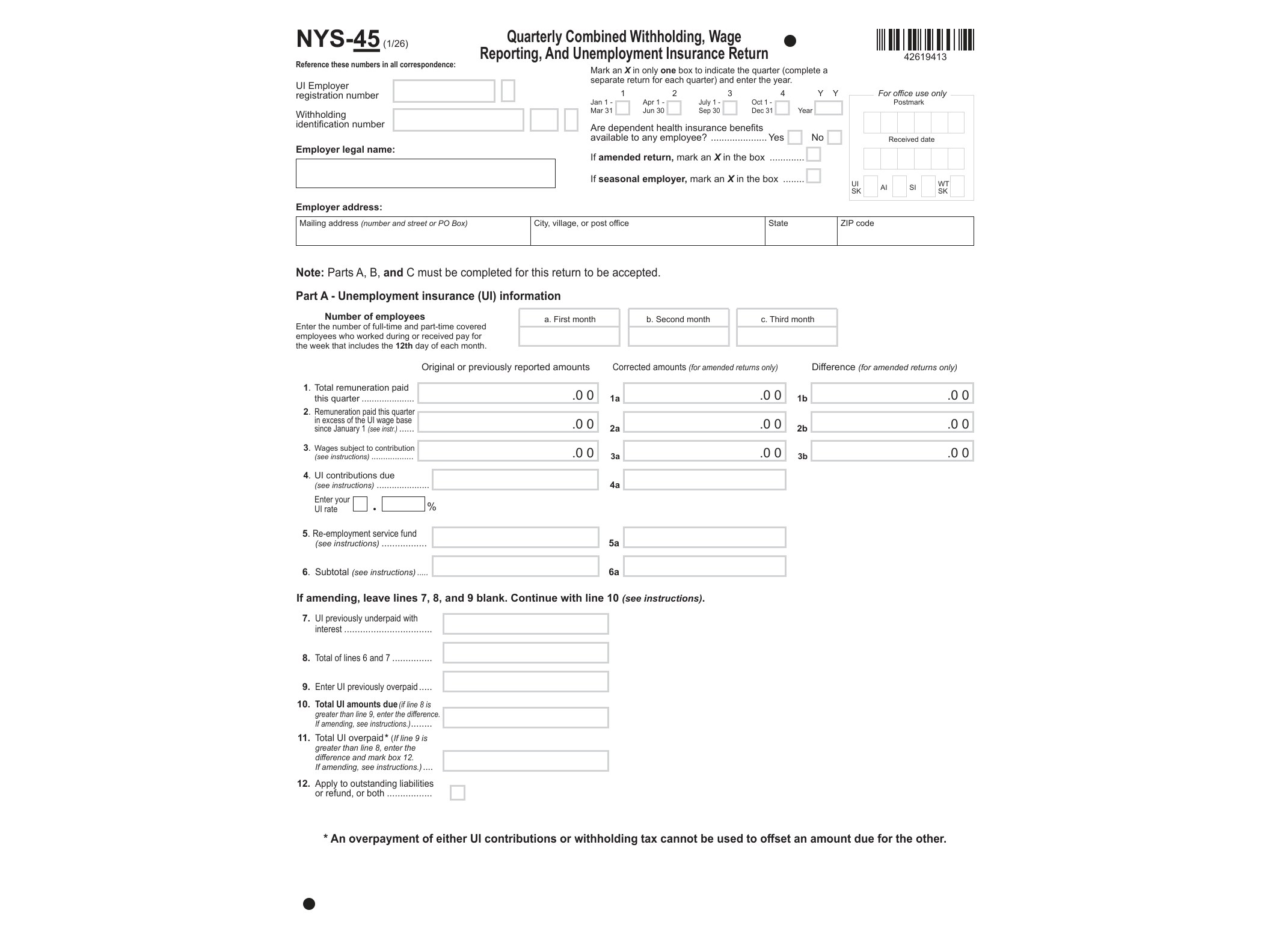 NYS45 Form NYS-45 Quarterly Combined Withholding, Wage Reporting, and Unemployment Insurance Return Revised 1/26 - official form preview, page 1