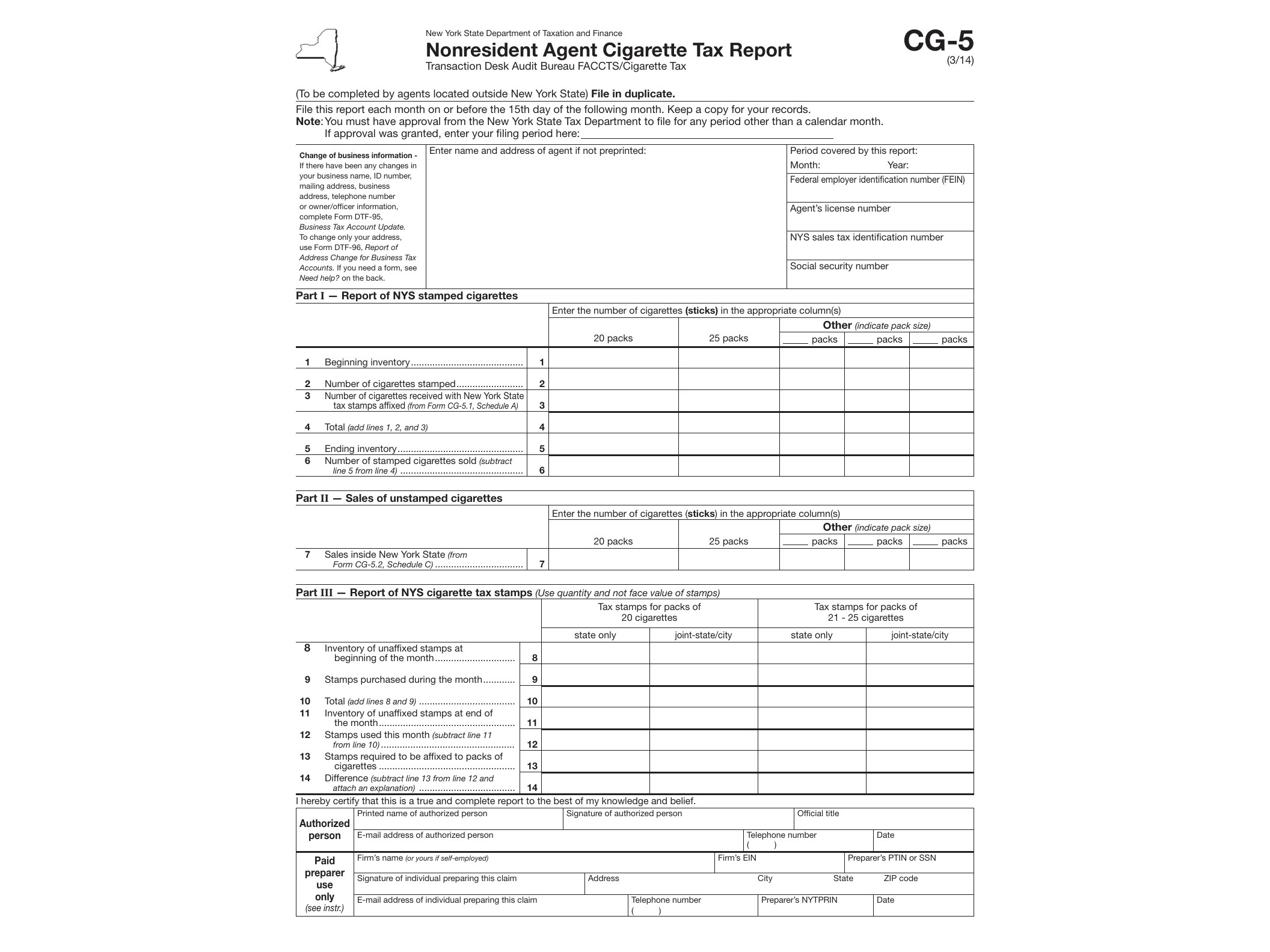 Form CG-5:3/14: Nonresident Agent Cigarette Tax Report: cg5 - official form preview, page 1