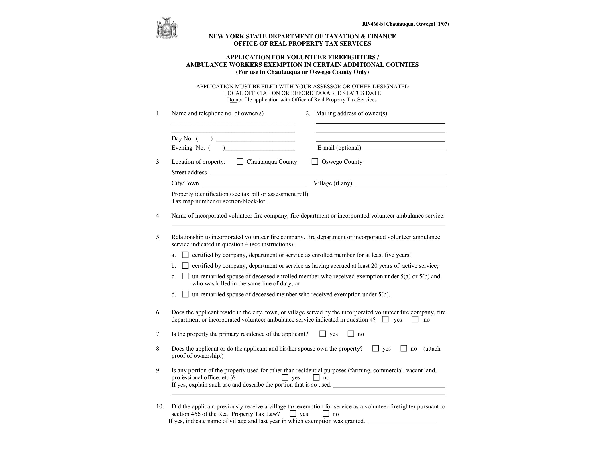 RP466B Form RP-466-B:1/07:Application for Volunteer Firefighters/Ambulance Workers Exemption in Certain Additional Counties:rp466b - official form preview, page 1