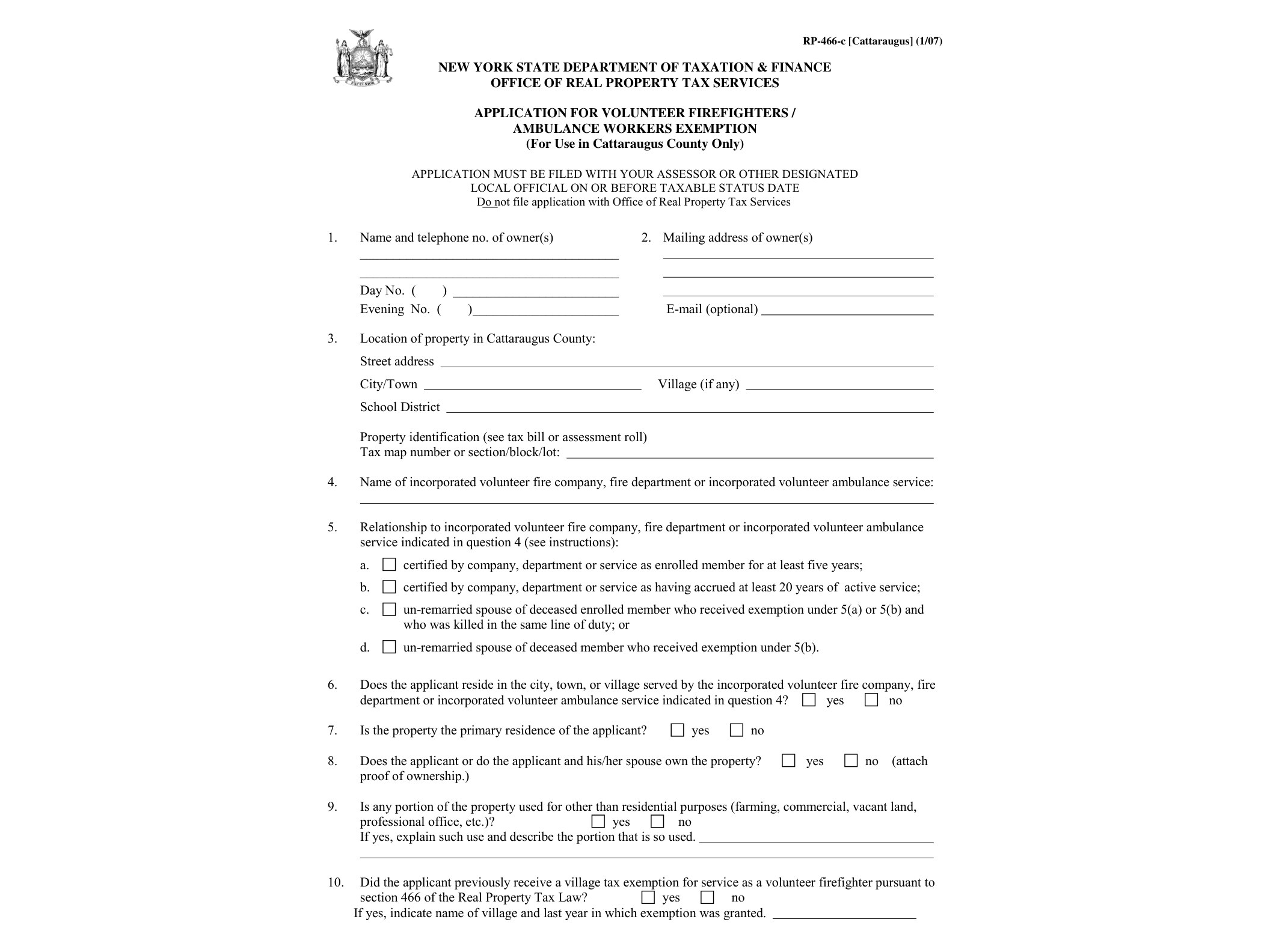 RP466C Form RP-466-C-CATTARAUGUS:1/07:Application for Volunteer Firefighters/Ambulance Workers Exemption:rp466ccattaraugus - official form preview, page 1