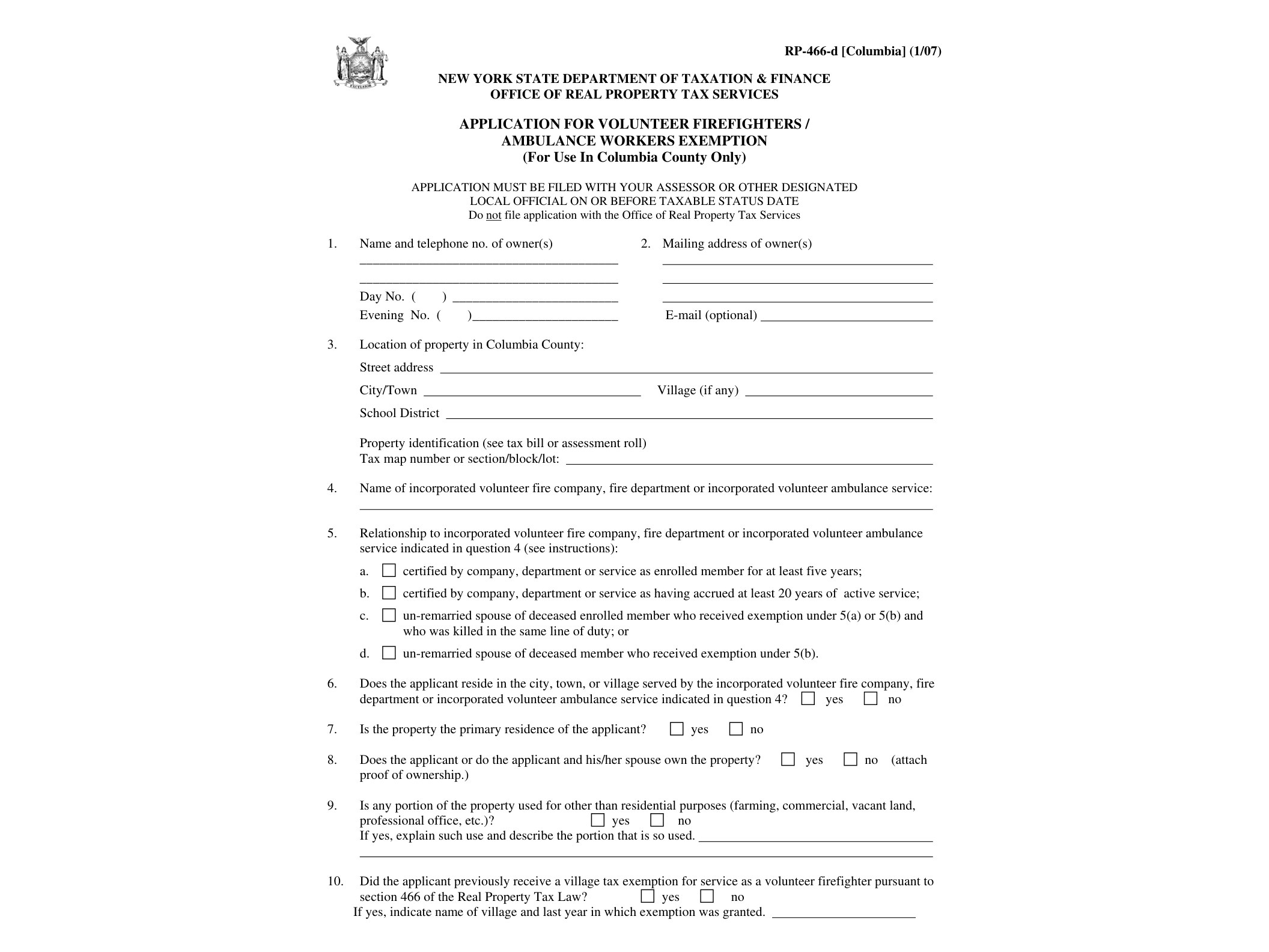 RP466D Form RP-466-D-Columbia:1/07:Application for Volunteer Firefighters/Ambulance Workers Exemption:rp466dcolumbia - official form preview, page 1